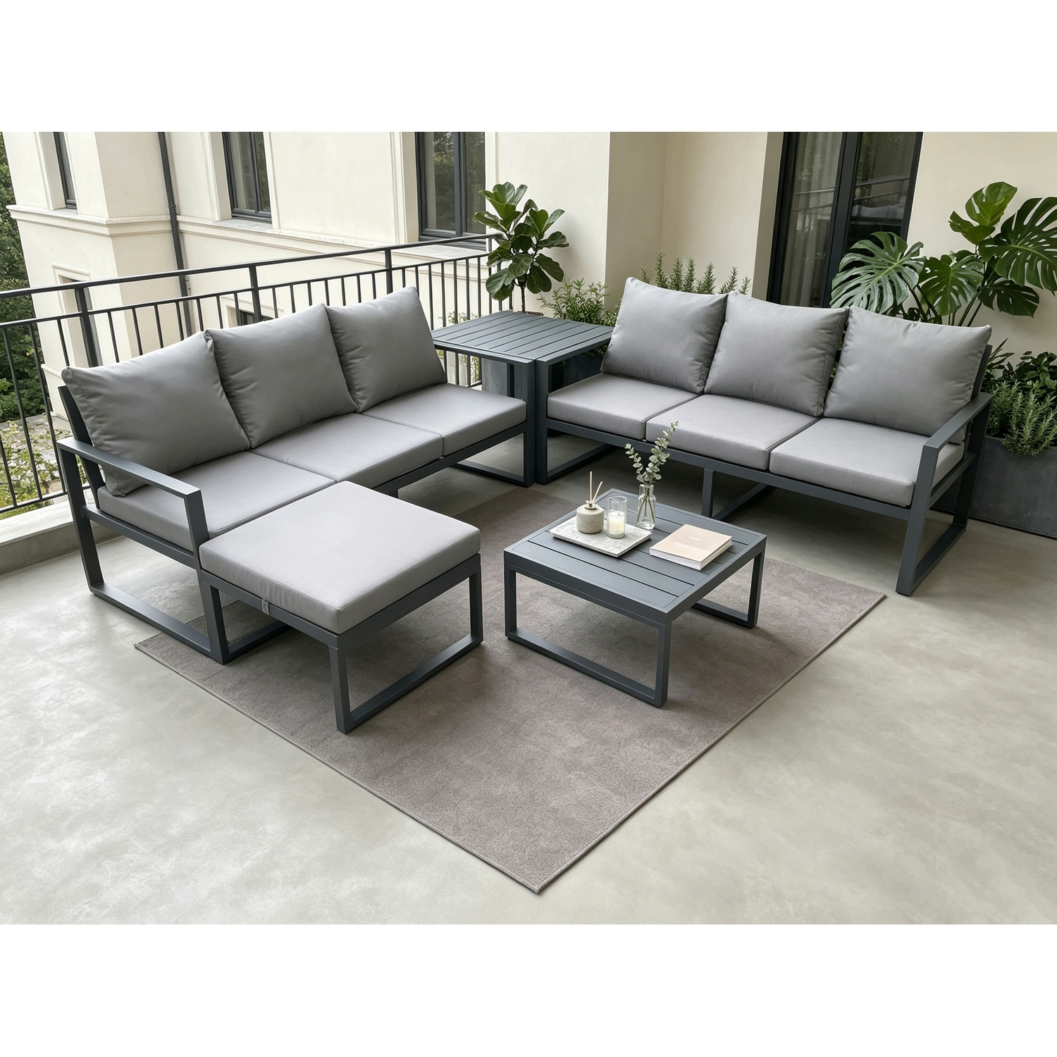 Rackhams Dark/Grey 7-Seater Aluminium Outdoor Sofa Set | 5 Pieces, Square Coffee Table, Large Footstool, Side Table | - Image 2