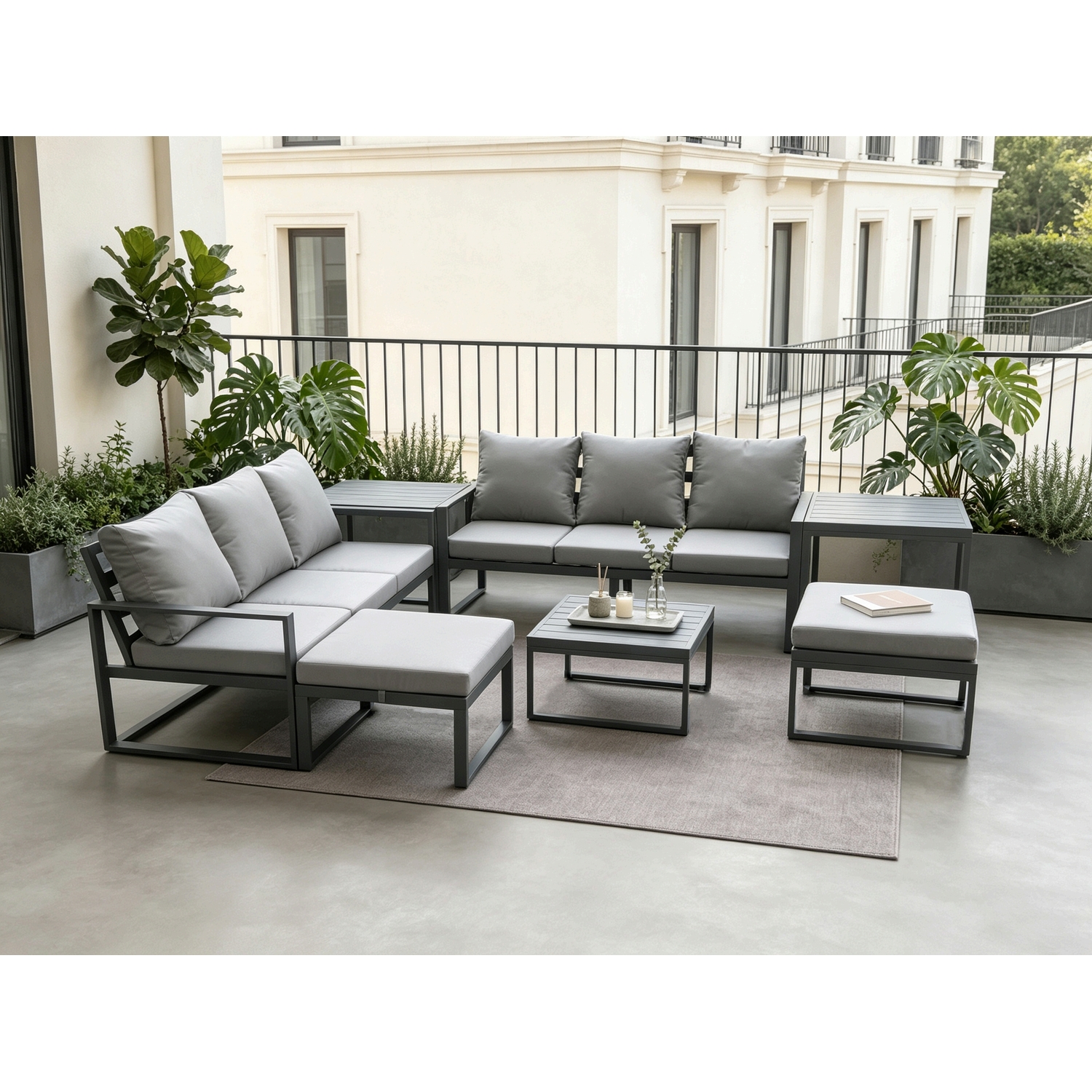 Rackhams Dark/Grey Aluminium 8 Seater Outdoor Garden Furniture Lounge Sofa Set With Square Coffee Table 2 Side Tables 2 Big Footstools - Image 2