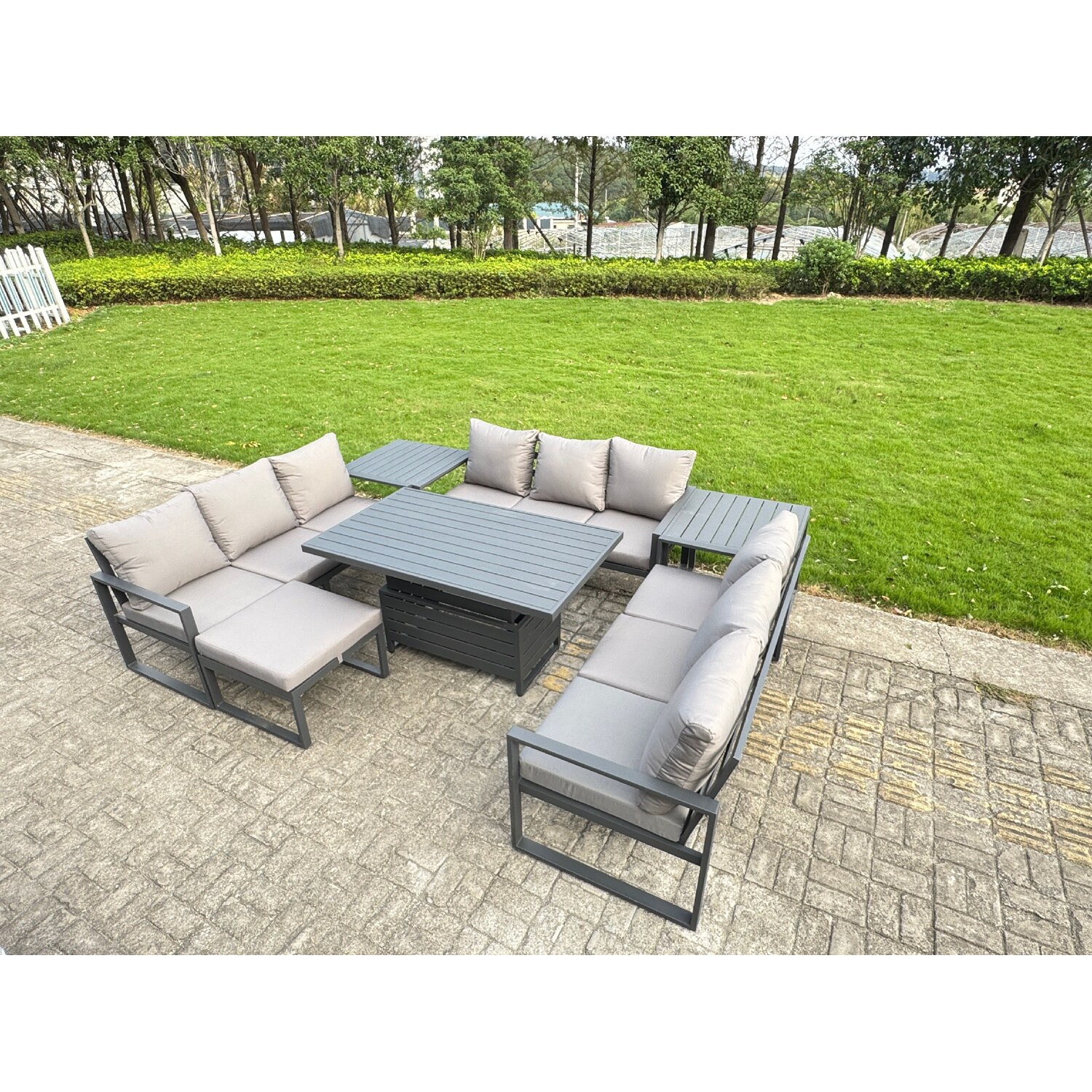 B&Q - U-Shaped Garden Furniture Set 10-Seater Aluminium With Adjustable Rising Lifting Dining Table 2 Side Tables Dark Grey - Image 2
