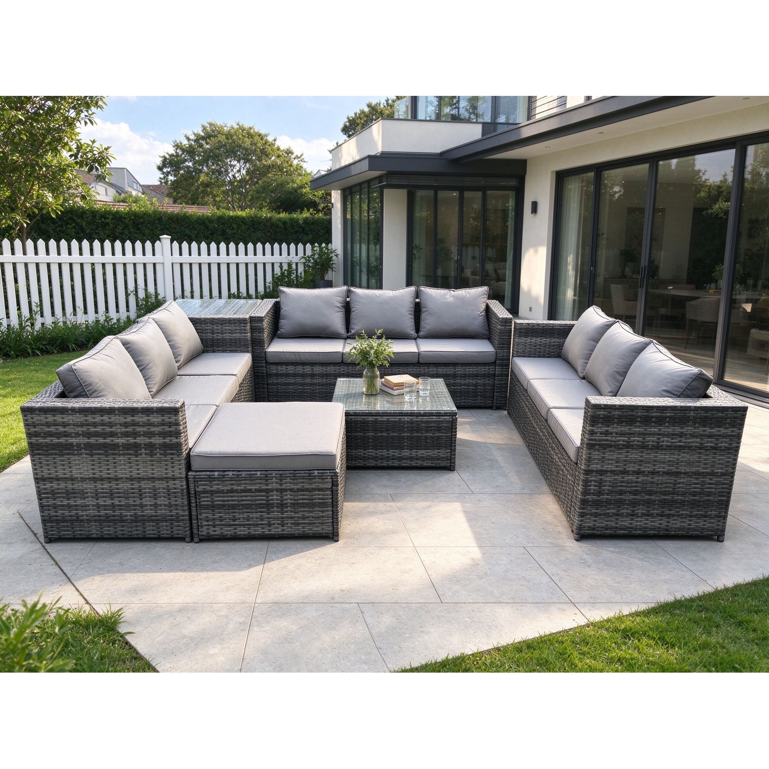 B&Q - Outdoor Rattan Garden Furniture Set 10 Seater Patio Lounge Sofa Set With Side Table Square Coffee Table Big Footstool - Image 2