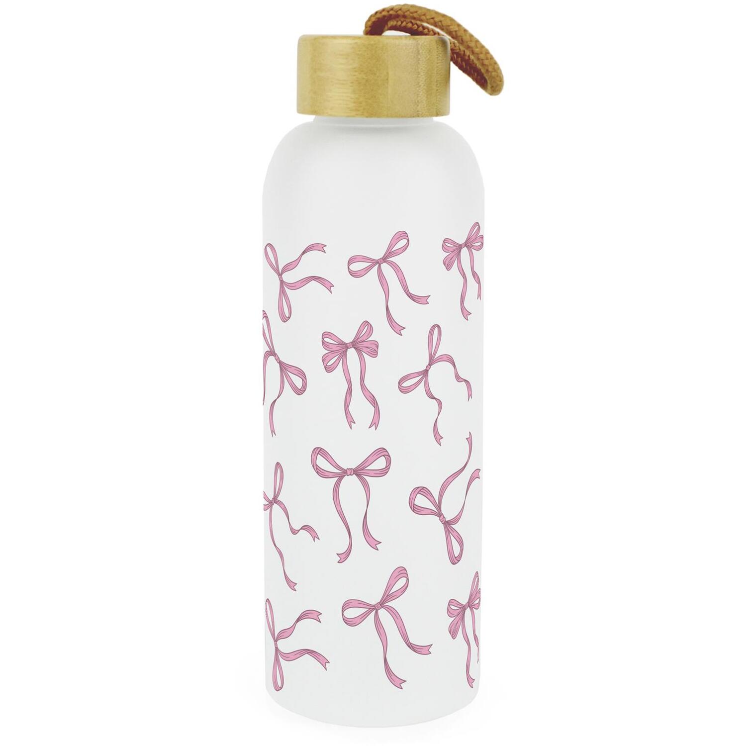 Purely Home Pink Bows Glass Water Bottle With Bamboo Lid - Pink