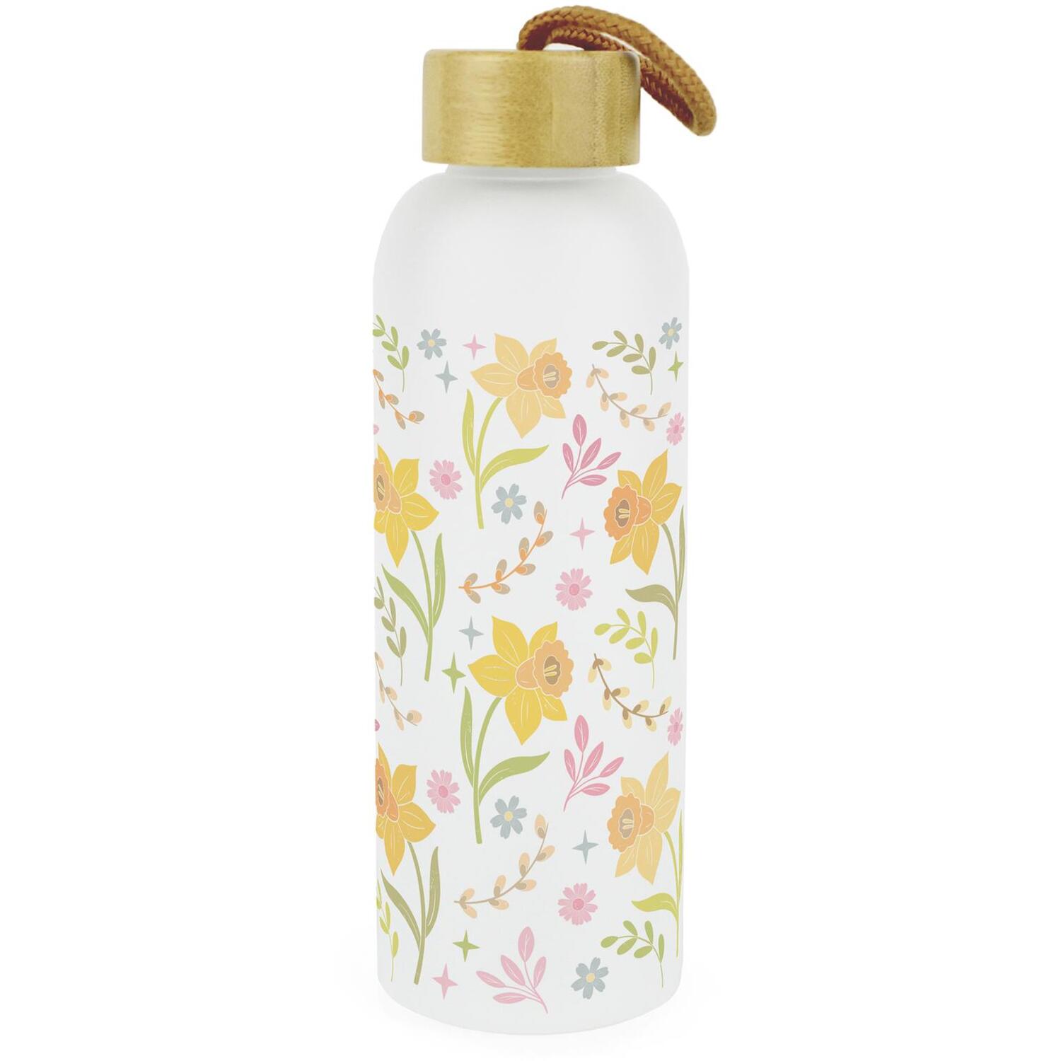 B&Q -  Abstract Daffodils Glass Water Bottle With Bamboo Lid - Image 3