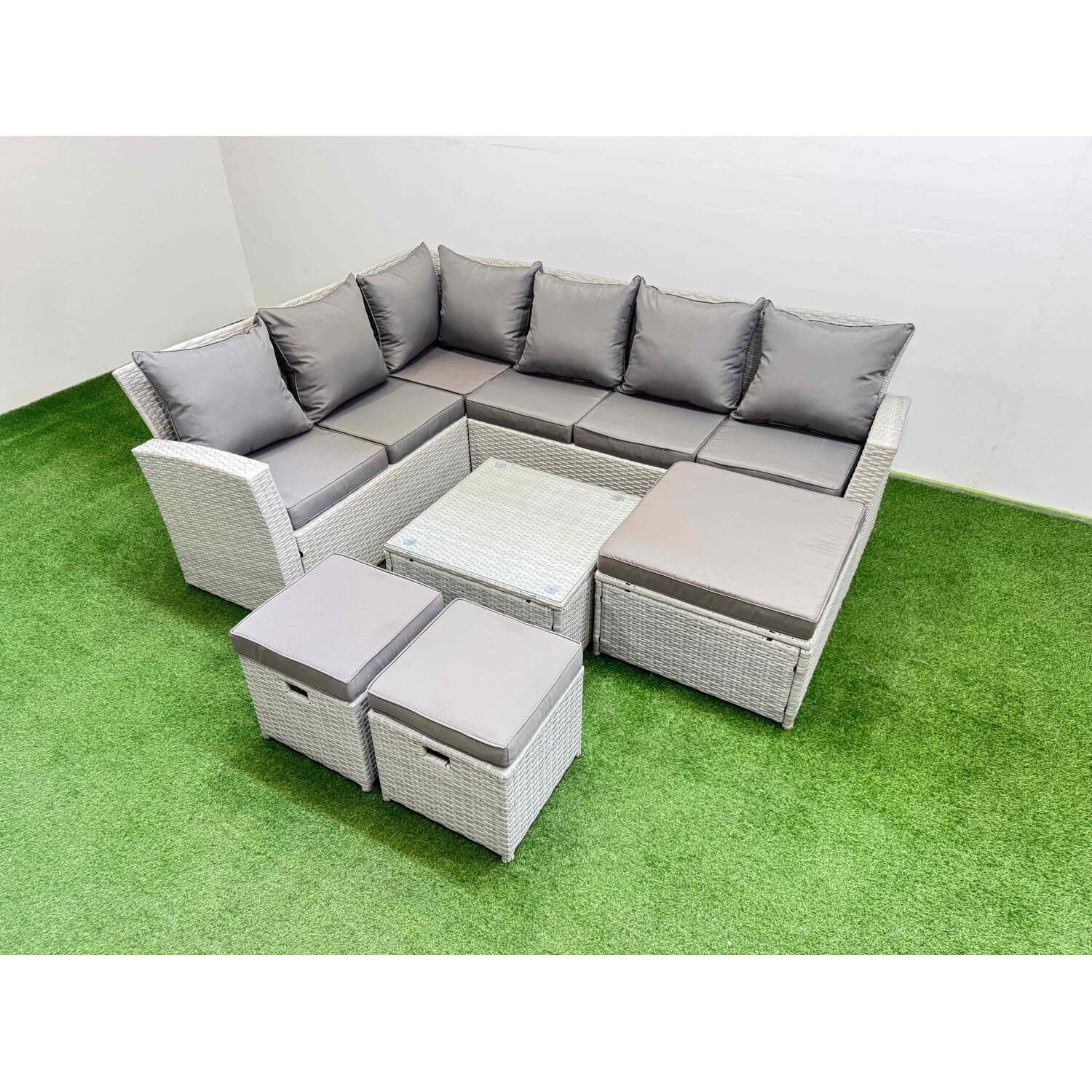 Fimous Light/Grey Outdoor Rattan Garden Furniture Set 9 Seater Corner Sofa Sets With Square Coffee Table 3 Footstools Mixed - Image 2