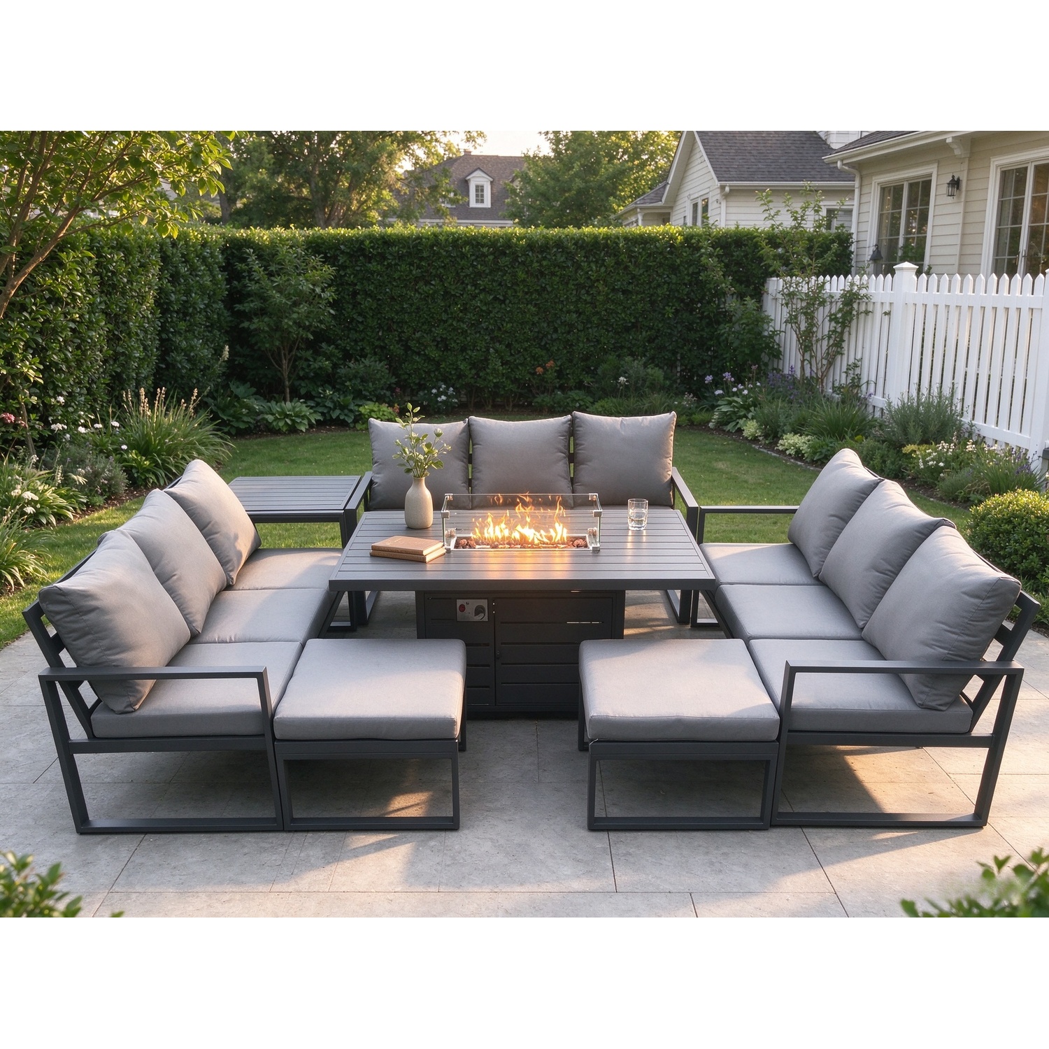 Fimous Dark/Grey Aluminium 11 Seater Garden Furniture Outdoor Set Patio Lounge Sofa Gas Fire Pit Dining Table Set With 2 Big Footstools Side Table - Image 2