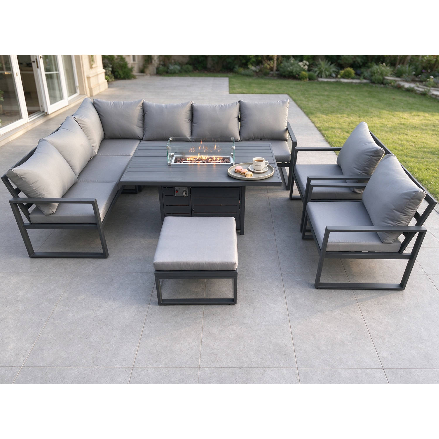 Rackhams Dark/Grey Aluminium Outdoor Garden Furniture Corner Sofa Gas Fire Pit Dining Table Sets Gas Heater Burner With 2 Chairs Big Footstool 9 Seater - Image 2
