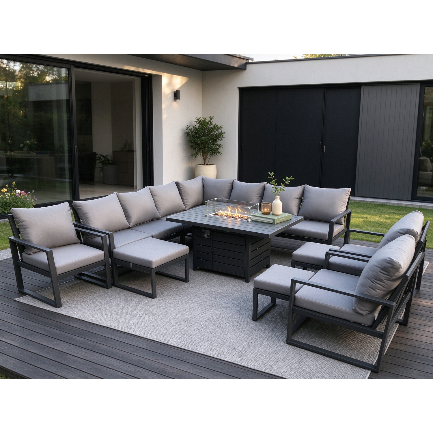 Rackhams Dark/Grey Aluminium Lounge Corner Sofa Outdoor Garden Furniture Sets Gas Fire Pit Dining Table Set With 3 Chairs 3 Footstools - Image 2