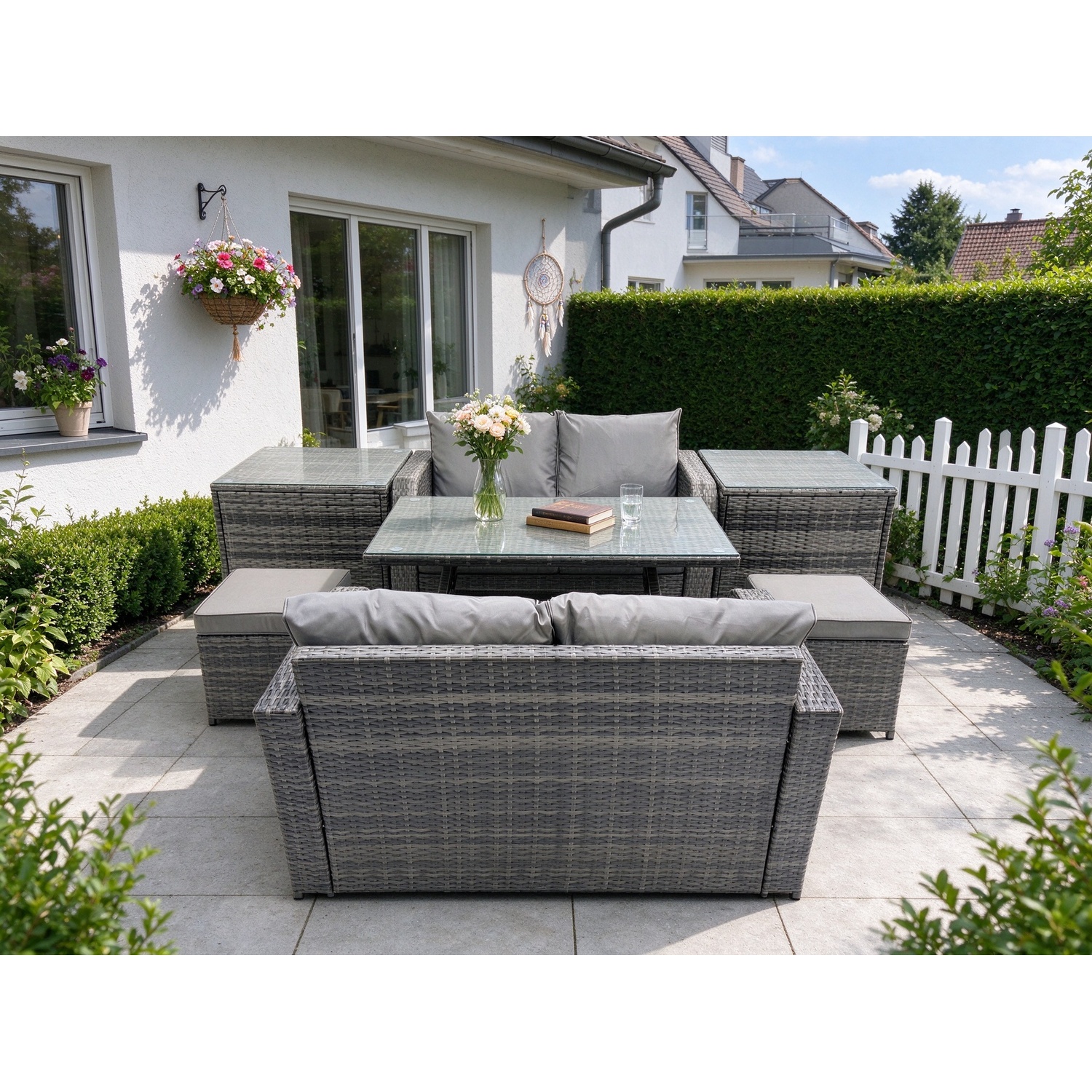 Fimous 6 Seater Rattan Sofa Oblong Dining Table With 2 Side Tables Dark Grey - Image 3