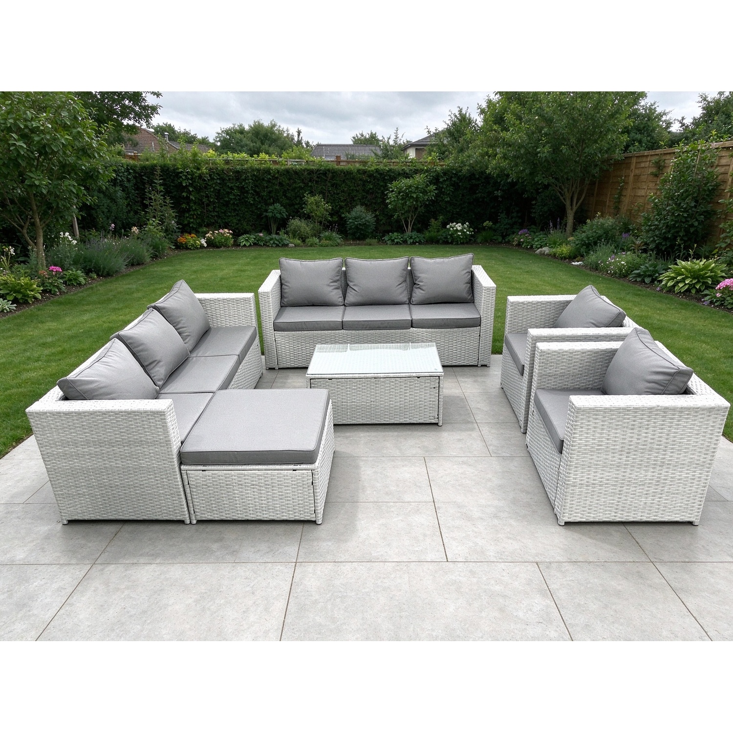 Rackhams Light/Grey Outdoor Rattan Sofa Garden Furniture Set With 2 Armchairs Oblong Coffee Table Big Footstool Mixed - Image 2
