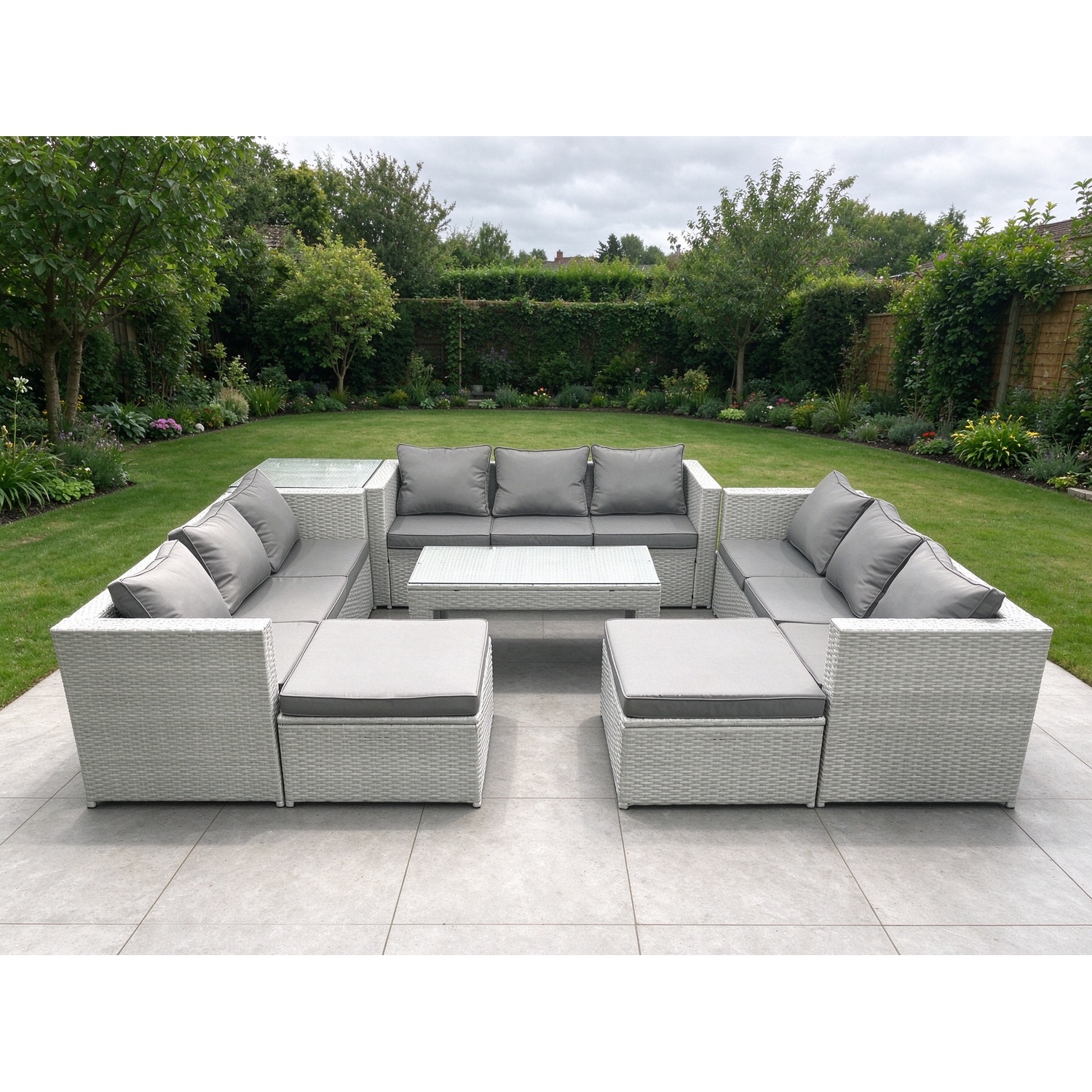 B&Q - Rattan Garden Outdoor Furniture Set 11 Seater Garden Sofa Oblong Coffee Table Set 2 Big Stools Side Table - Image 2