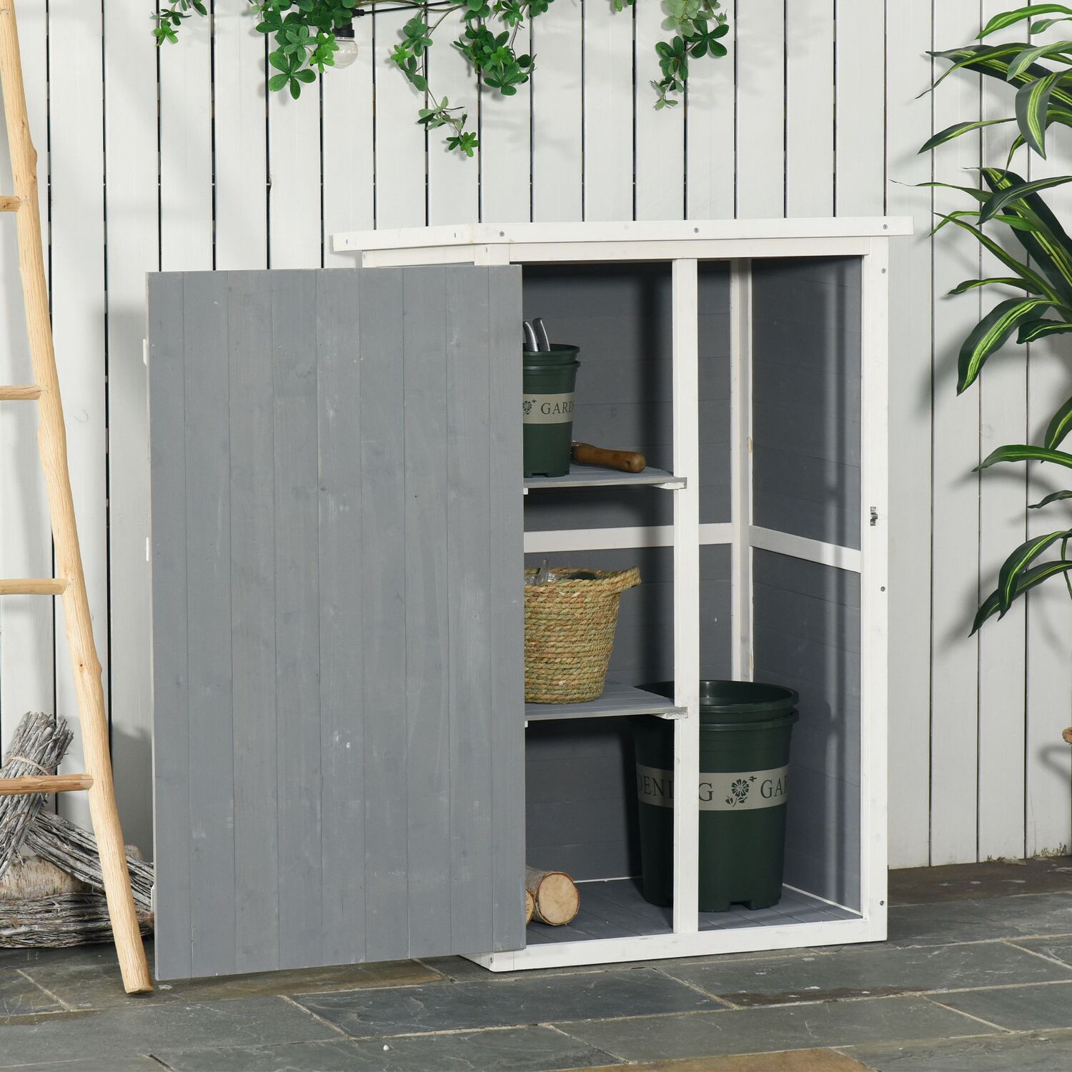 Outsunny Fir Wood Garden Shed  - Grey