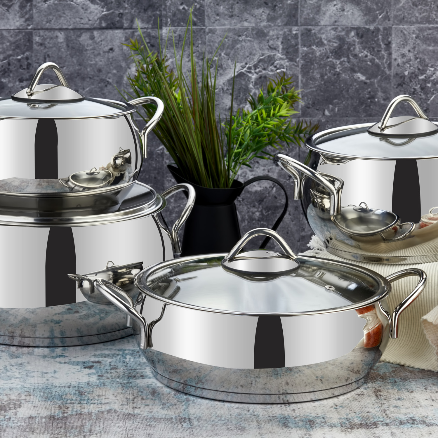 Evimsaray Sevval Series 8-Piece Stainless Steel Cookware Set - Silver