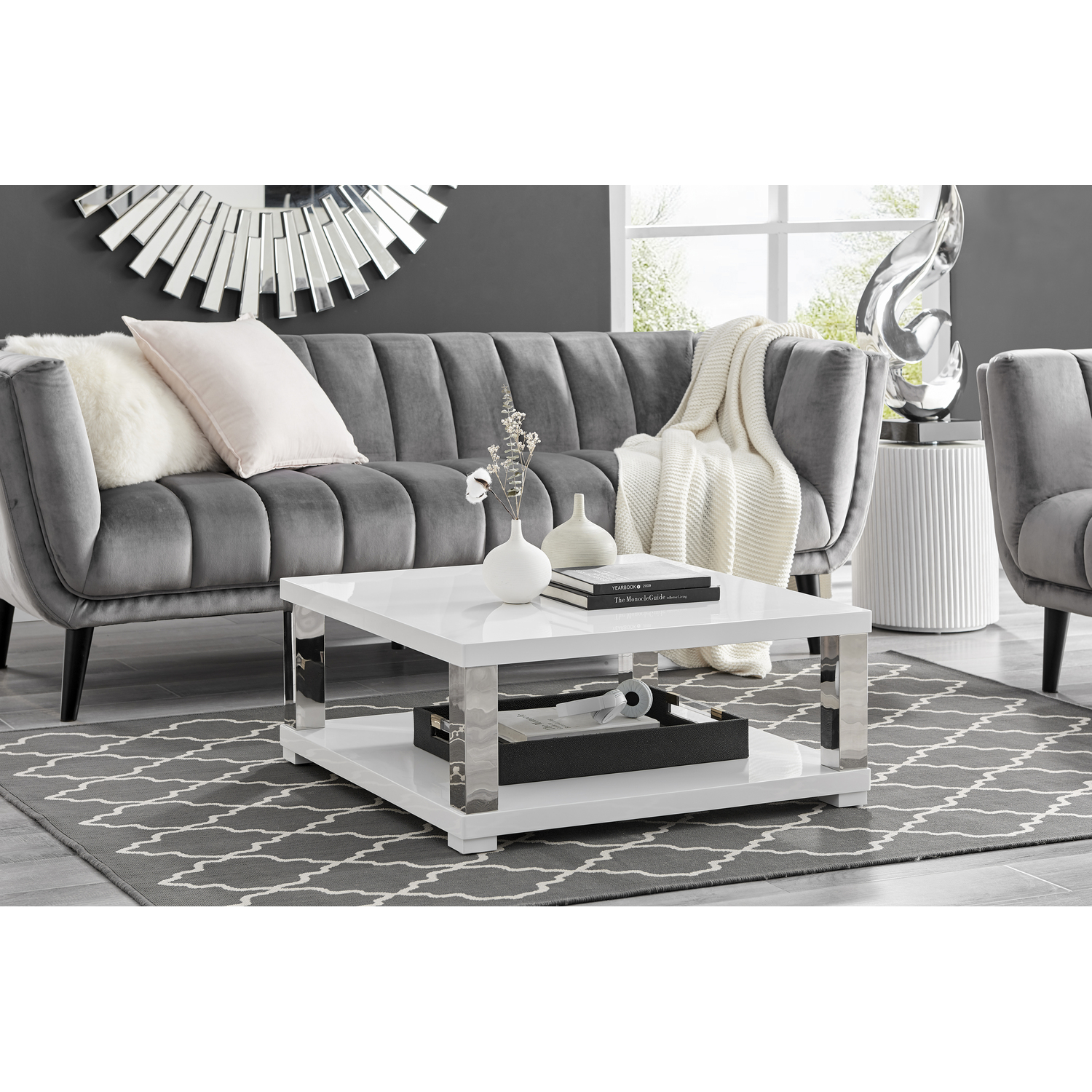 Anzio Square High Gloss And Chrome Coffee Table - White 20 95kg