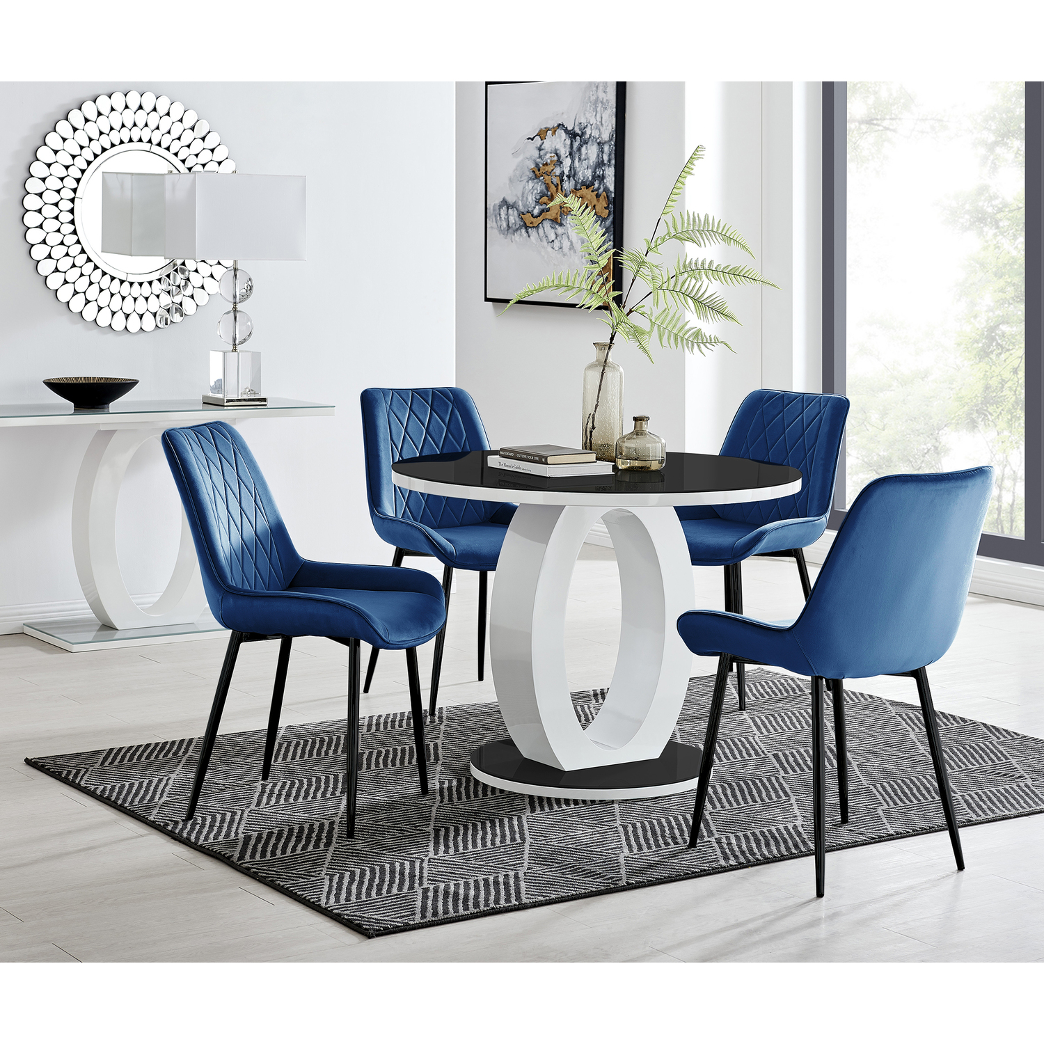 Giovani Round Black 100cm Table and 4 Pesaro Black Leg Chairs - Blue