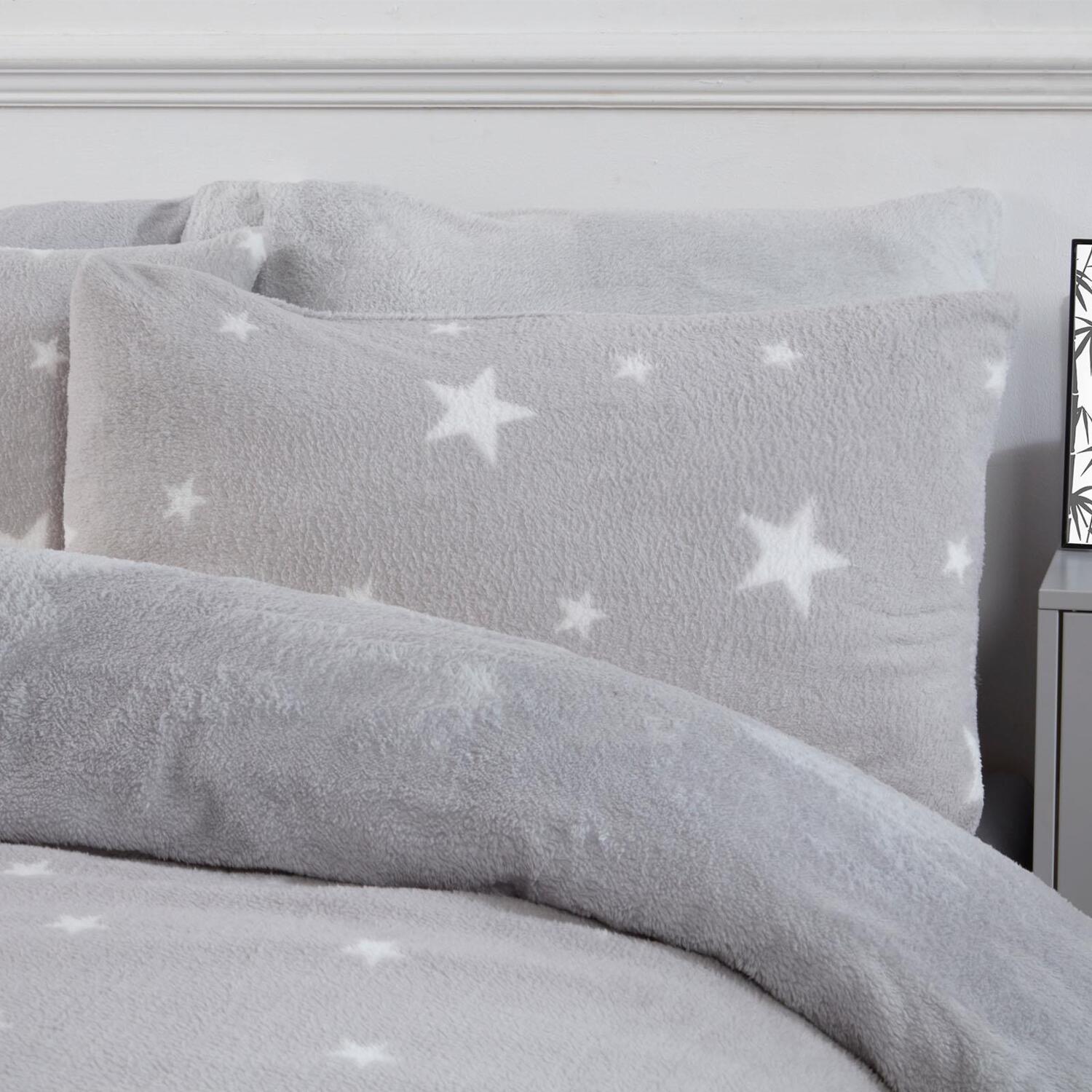 Dreamscene Star Teddy Fleece Duvet Cover Bedding Set - Silver Double