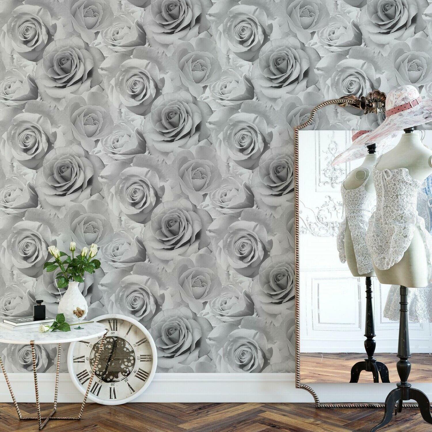 Bella Grey Flower Wall Rose Bloom 3D Effect Floral Designer Wallpaper - Grey