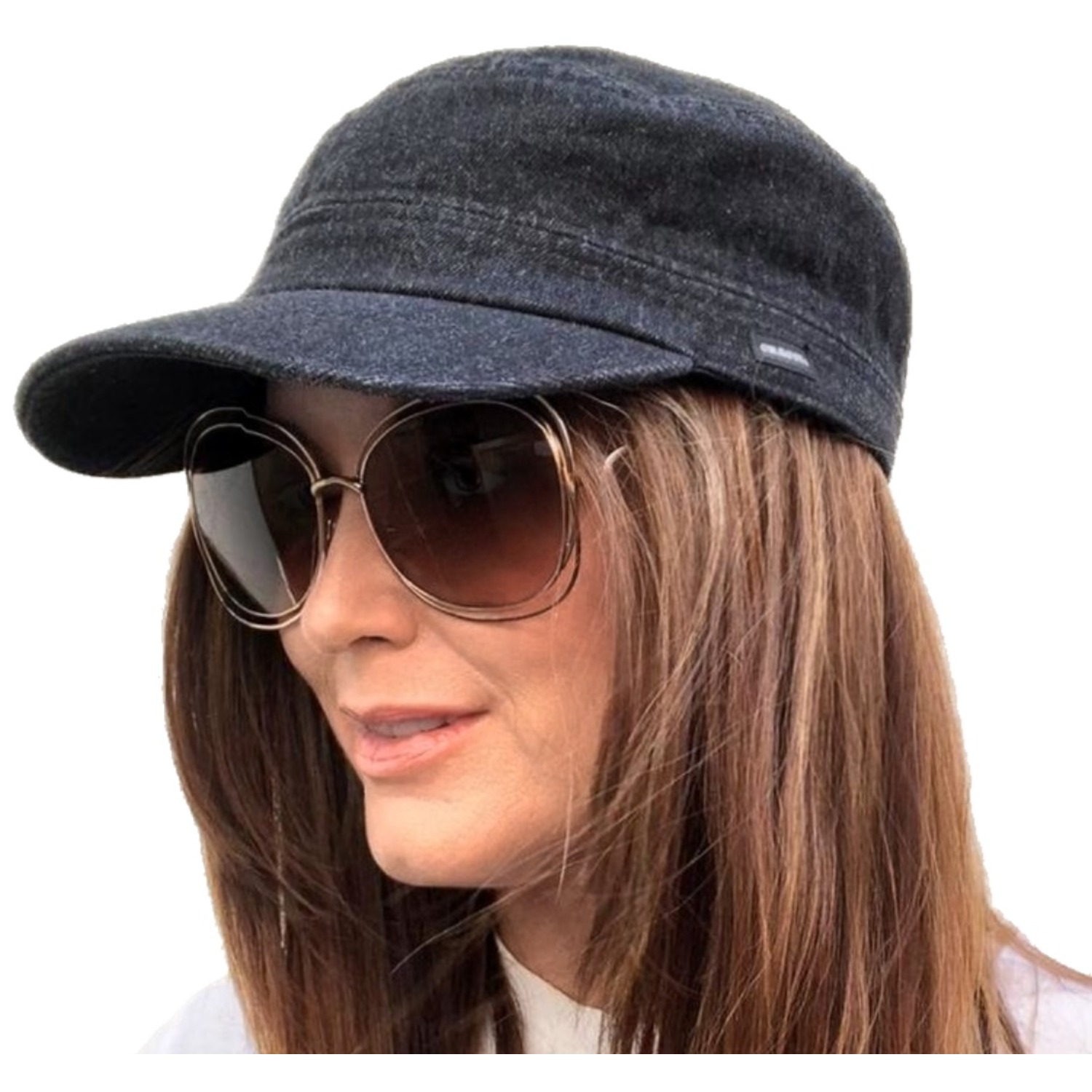 Denim Newsboy Cap Military Hat Charcoal Black Washed Denim - Black
