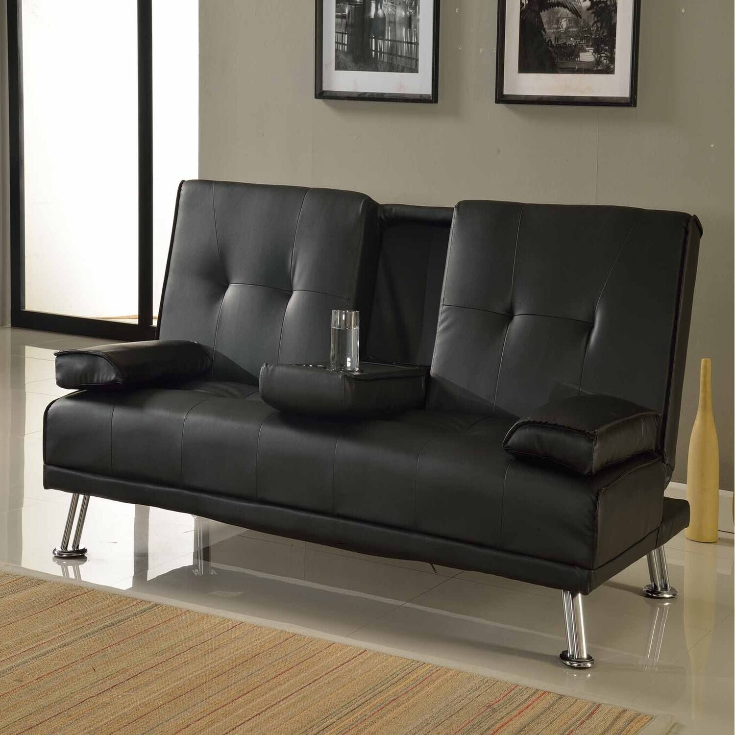 India 3 Seater Sofa Bed Faux Leather or Fabric - Black thumbnail