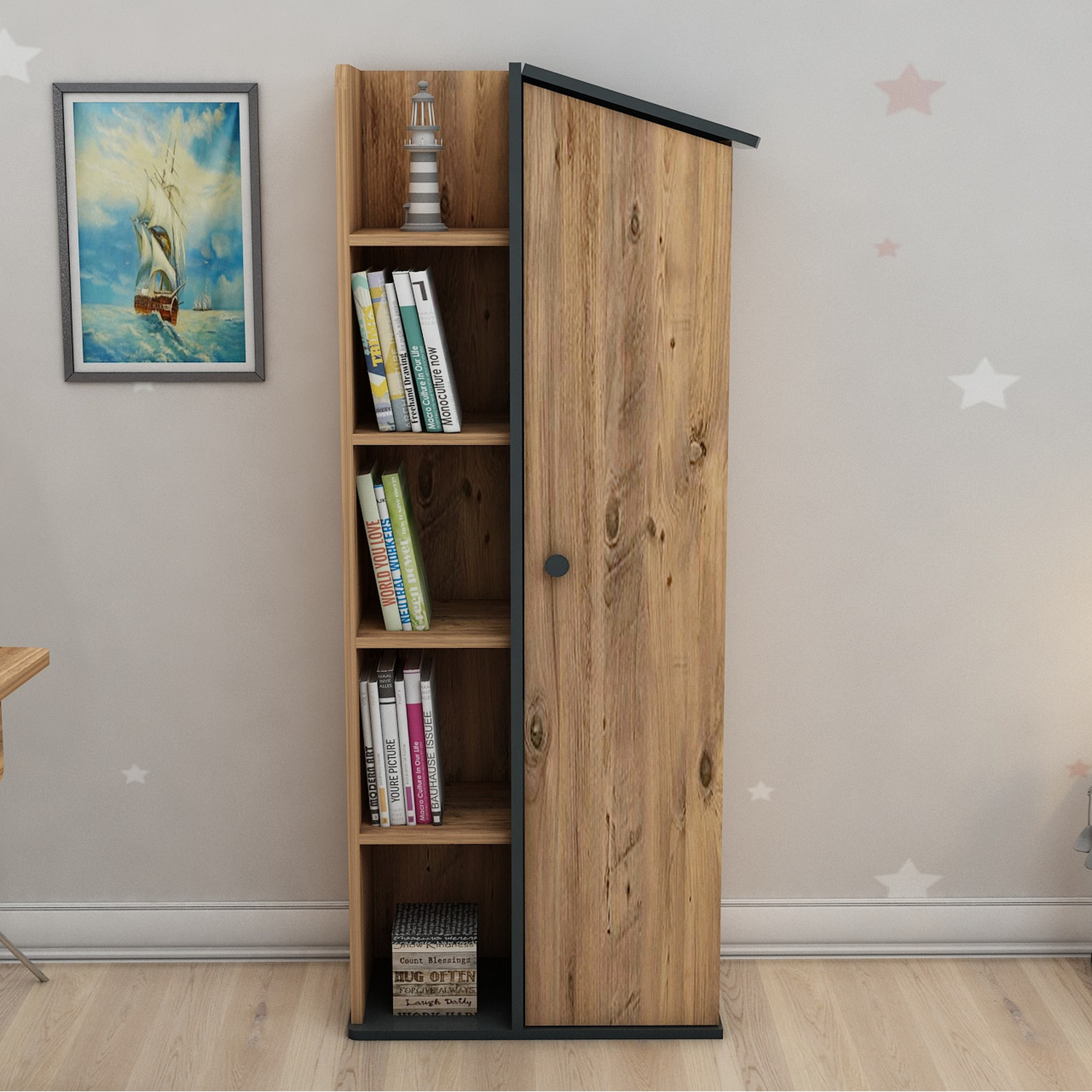 Bookcase With Storage Valerin - Atlantic Pine - Anthracite