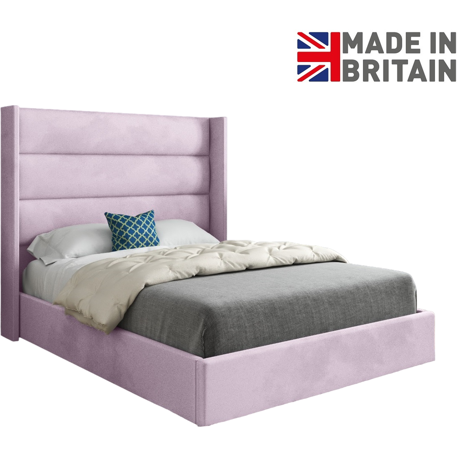 Nuno Straight Winged Upholstered Soft Velvet Bed Frame - Pink Superking