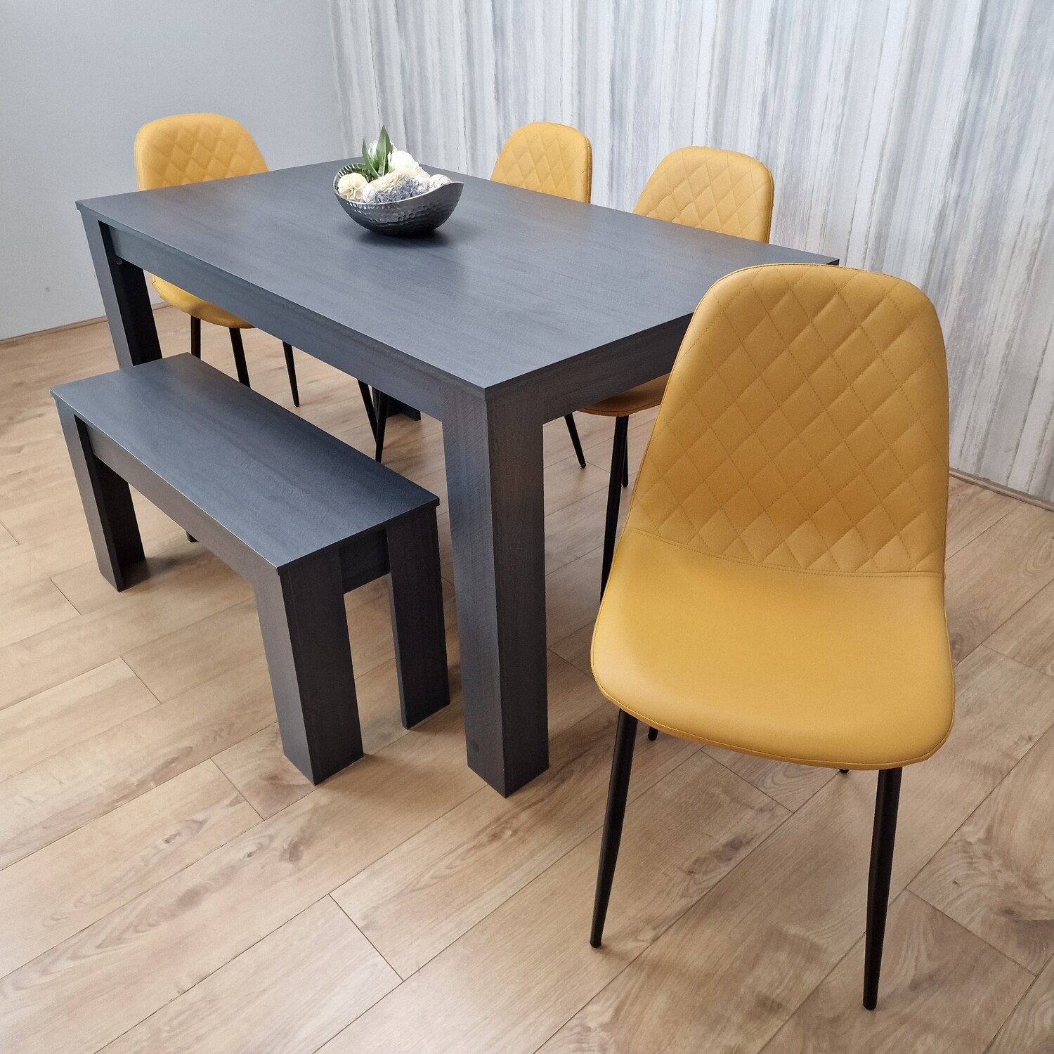 Grey Dining Table with 4 Stitched Mustard Chairs and 1 Bench Dining Set