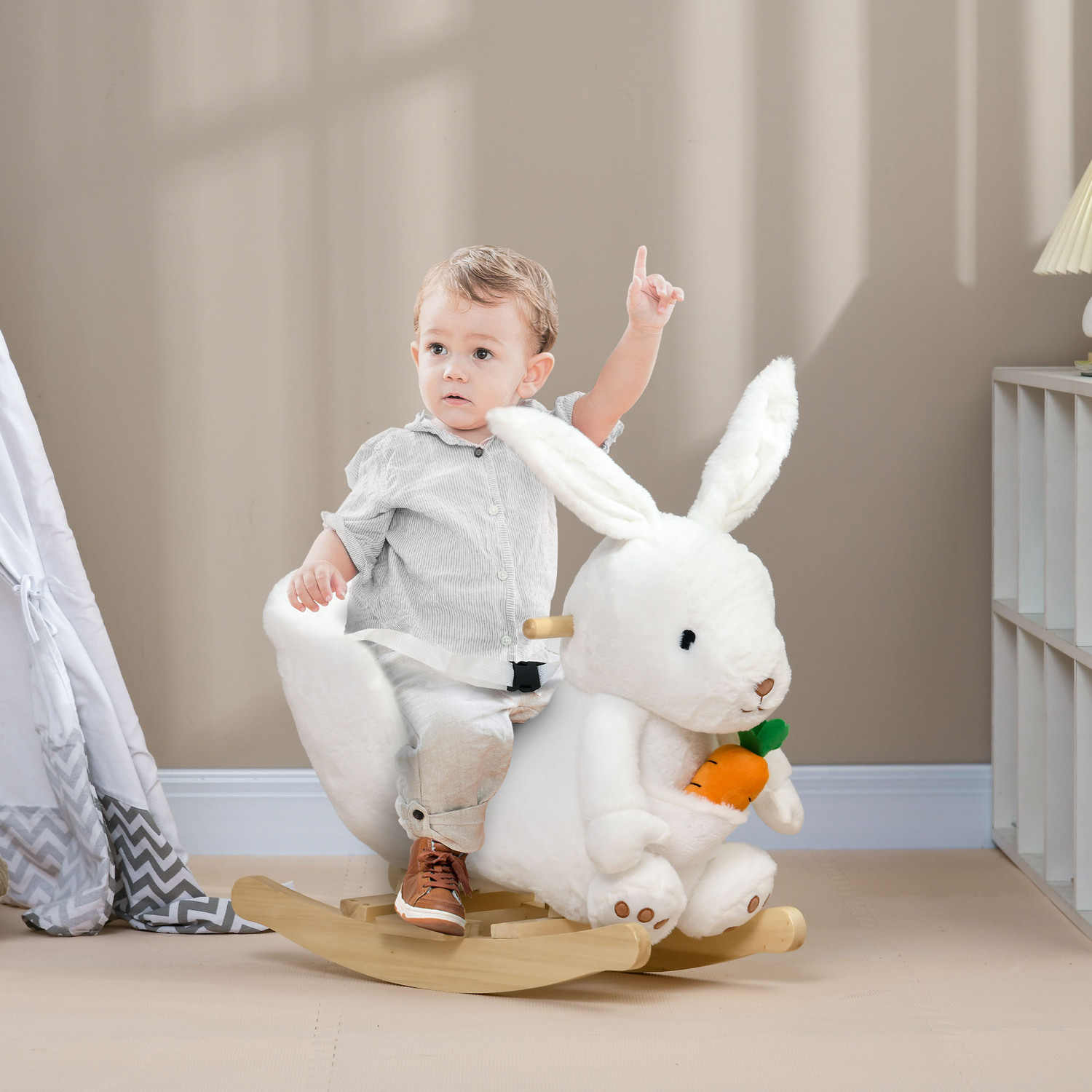 HOMCOM Kids Rabbit Shaped Rocking Horse with Realistic Sounds Safety Belt - White