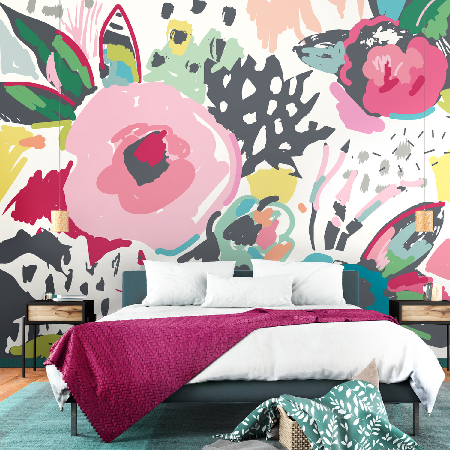 Abstract Floral Wall Mural - Pink / Large