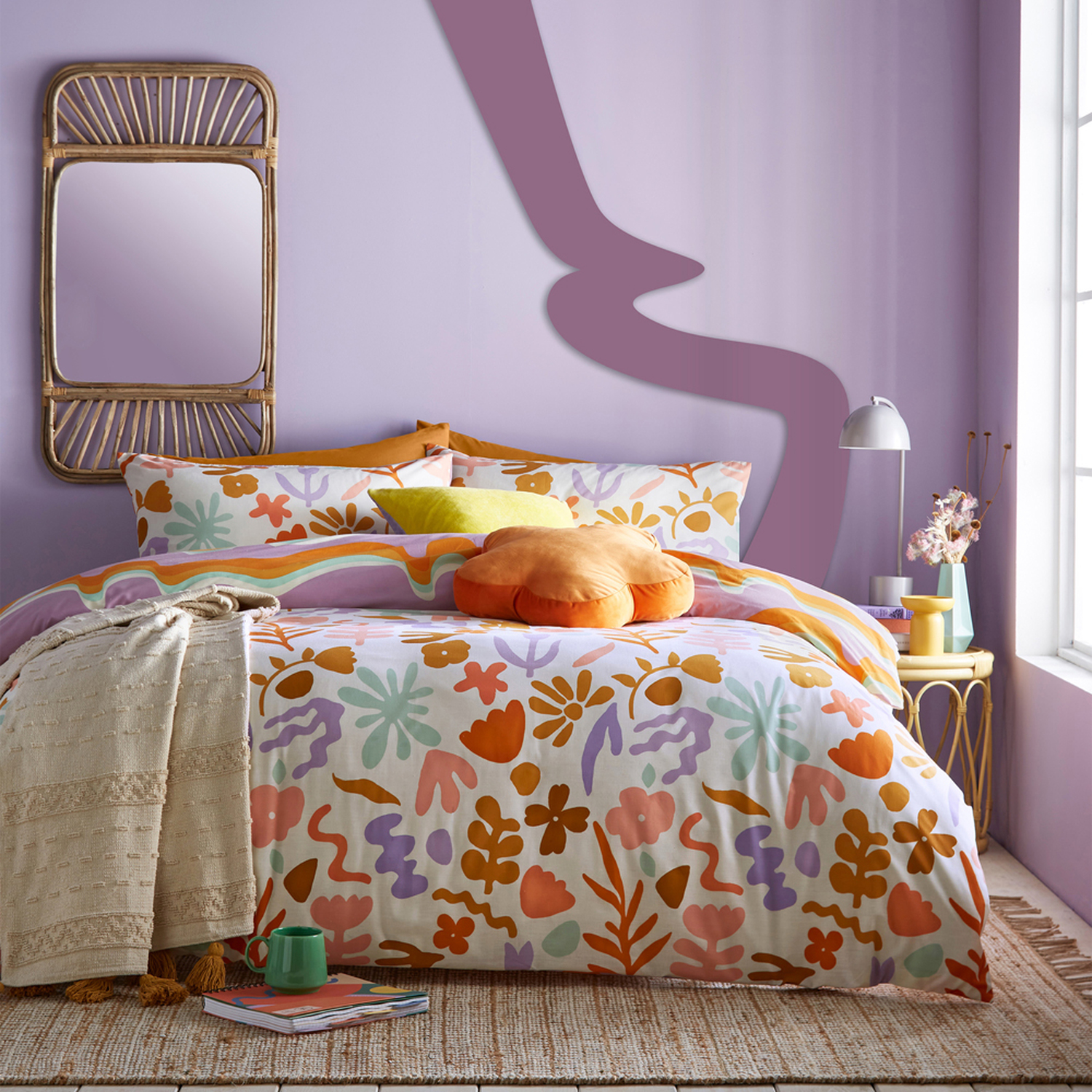 Amelie Trending Floral Duvet Set - Orange/Lilac / Single