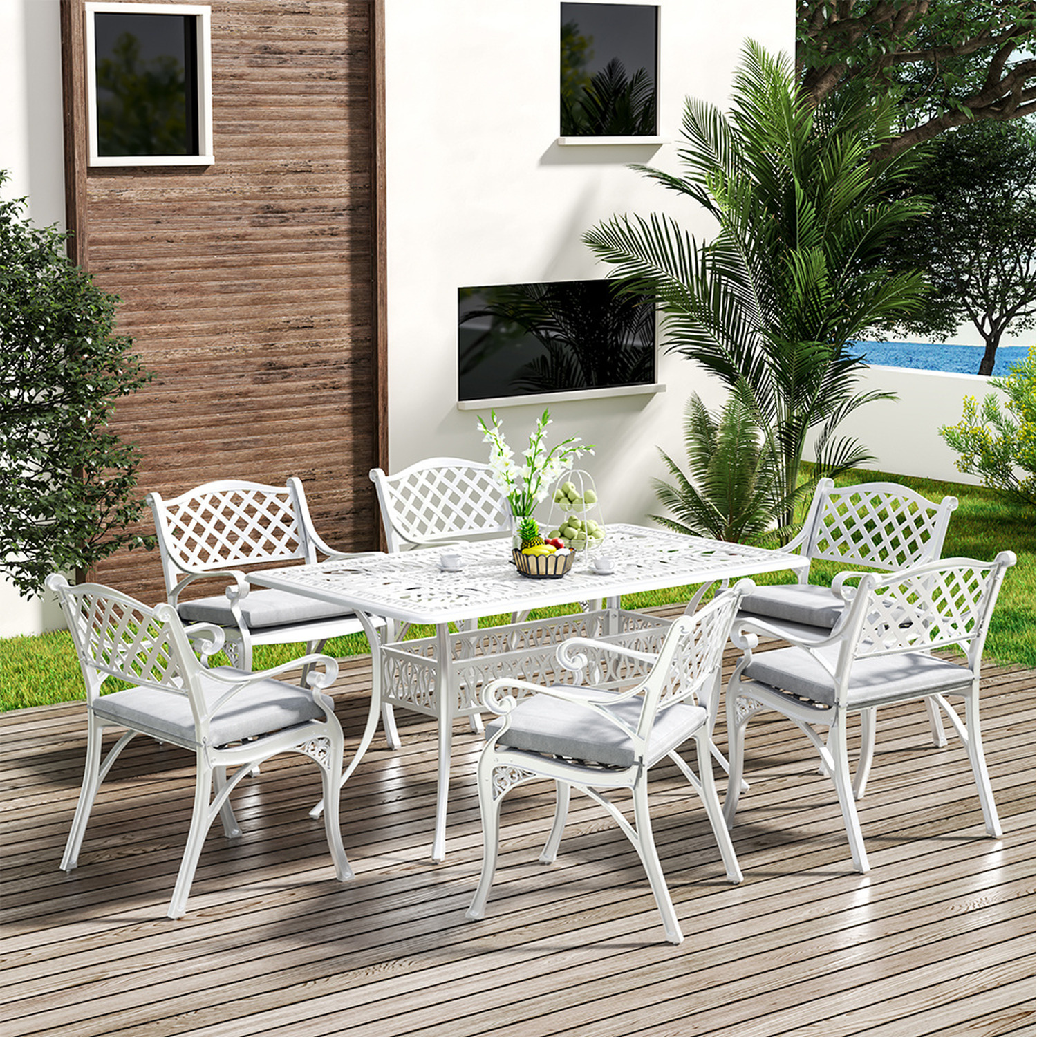 6-seater Retro Garden Patio Chair And Table Set With Cushions - Beige