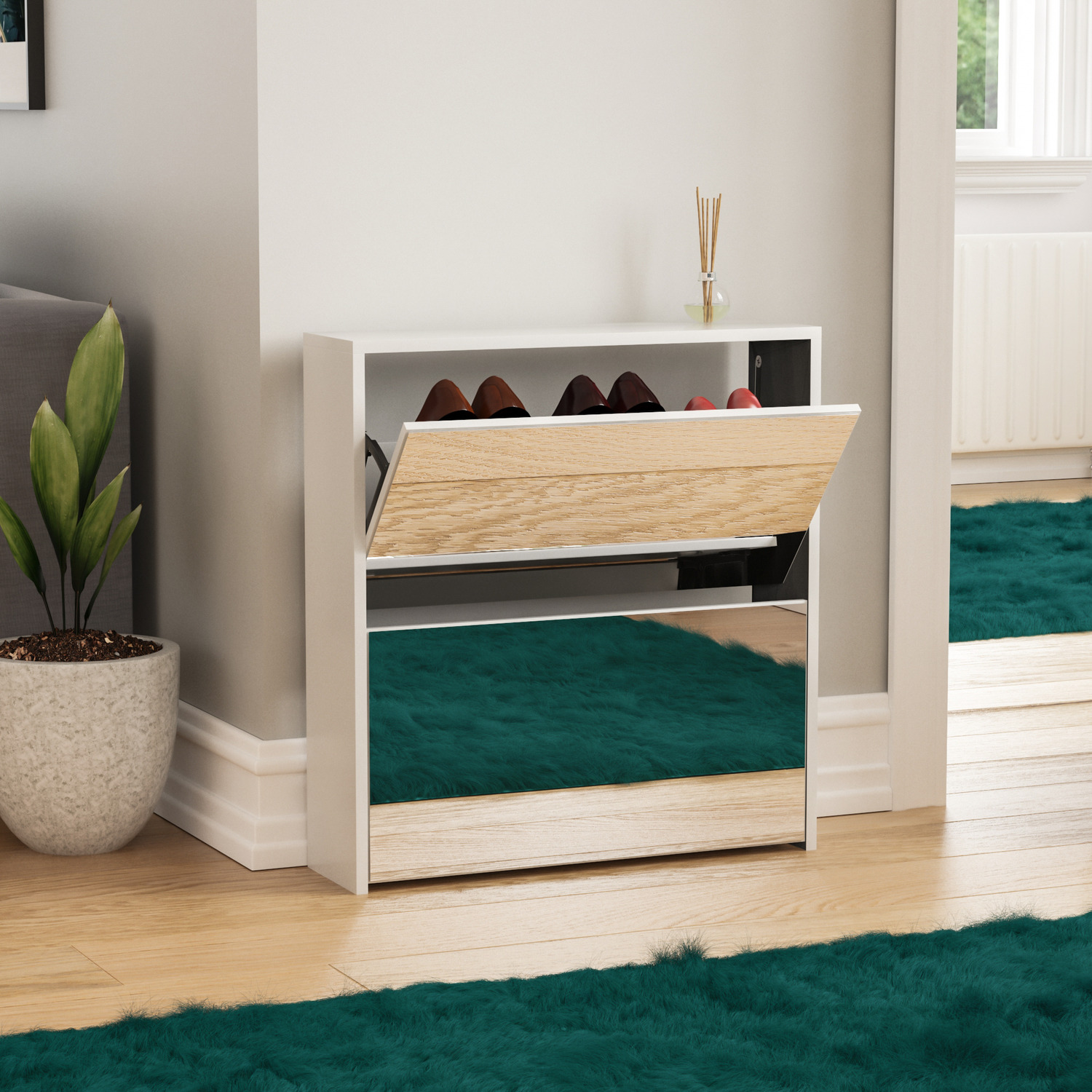 Vida Designs Welham 2 Drawer Mirrored Shoe Cabinet - White