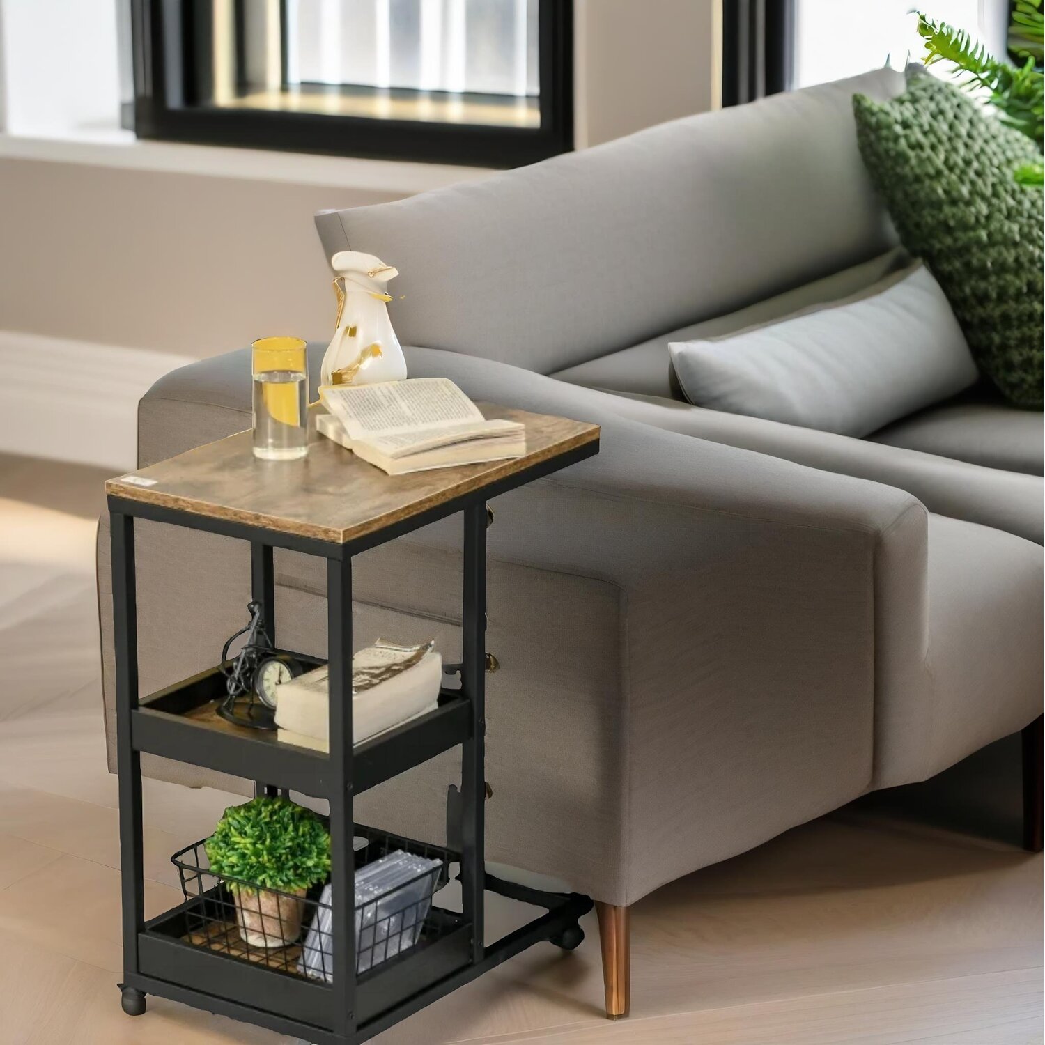 Industrial C Shaped Side Table 3-tier With Wheels - Brown