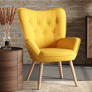 Yellow Tufted Button Linen Armchair with Wooden Legs shot 5958953