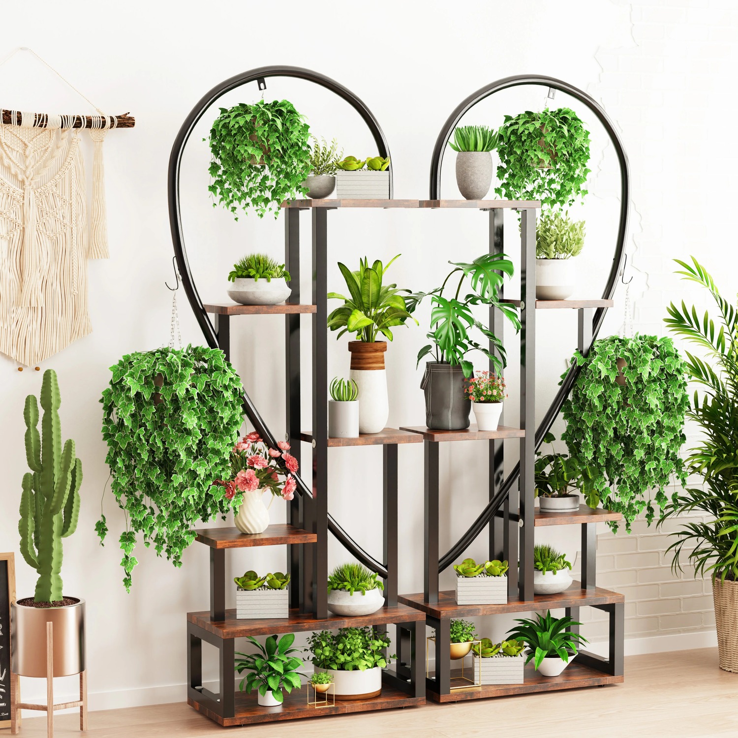6 Tier Metal Plant Stand Indoor Half Heart Shaped Flower Shelf W/ Hanging Hooks