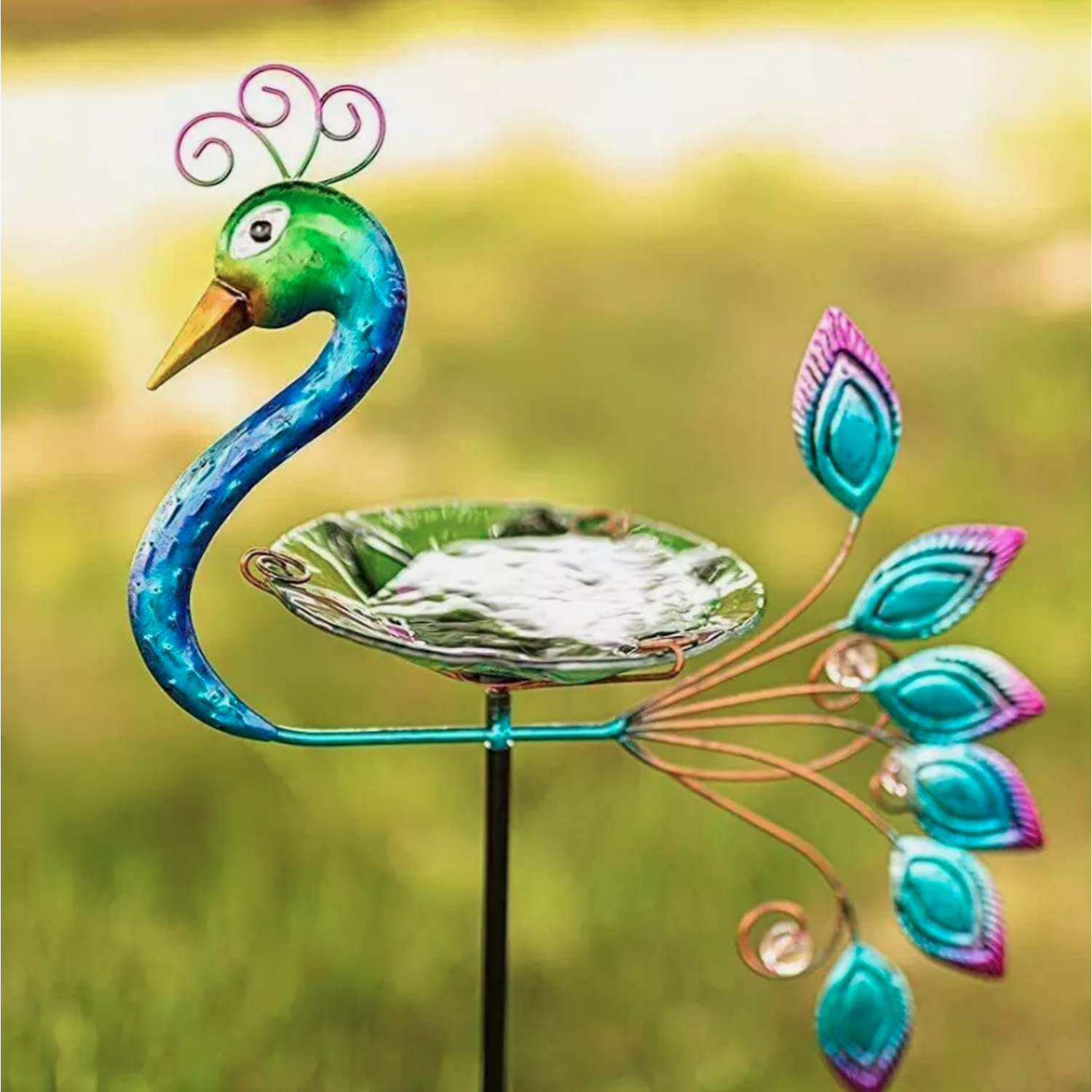 Image of Large Peacock Bird Bath - Blue,Green