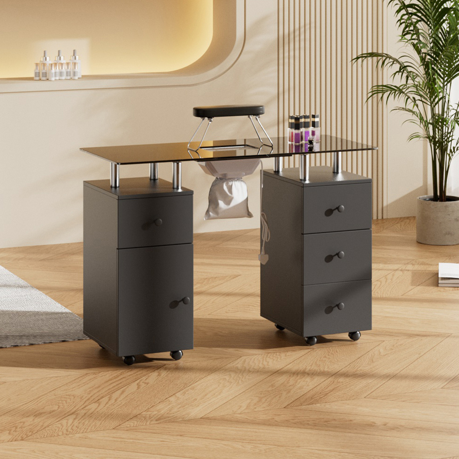 Livingandhome Mobile Manicure Table With Tempered Glass Top And Dust Collector - Black