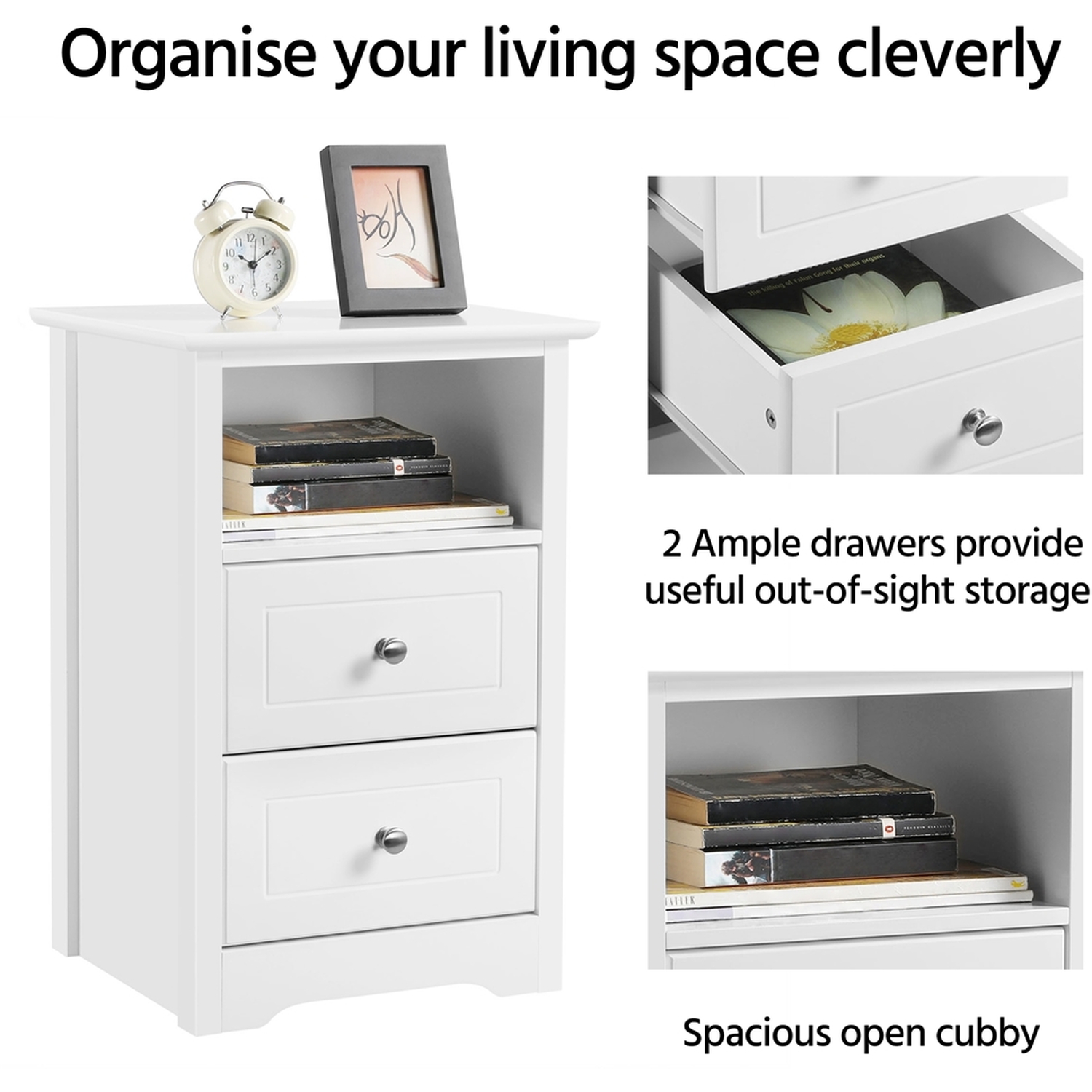 Set Of 2 Bedside Table With 2 Drawers And Open Shelf - White