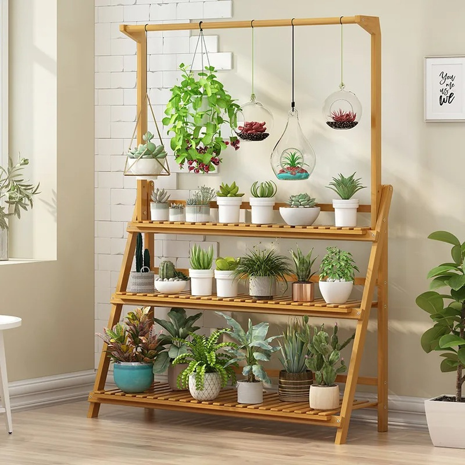 3 Tier Folding Bamboo Hanging Plant Stand - Natural