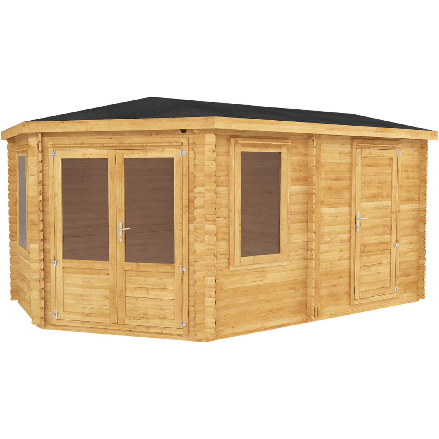 5m X 3m Wooden Corner Lodge Log Cabin With Side Shed - 44mm Thickness - Brown