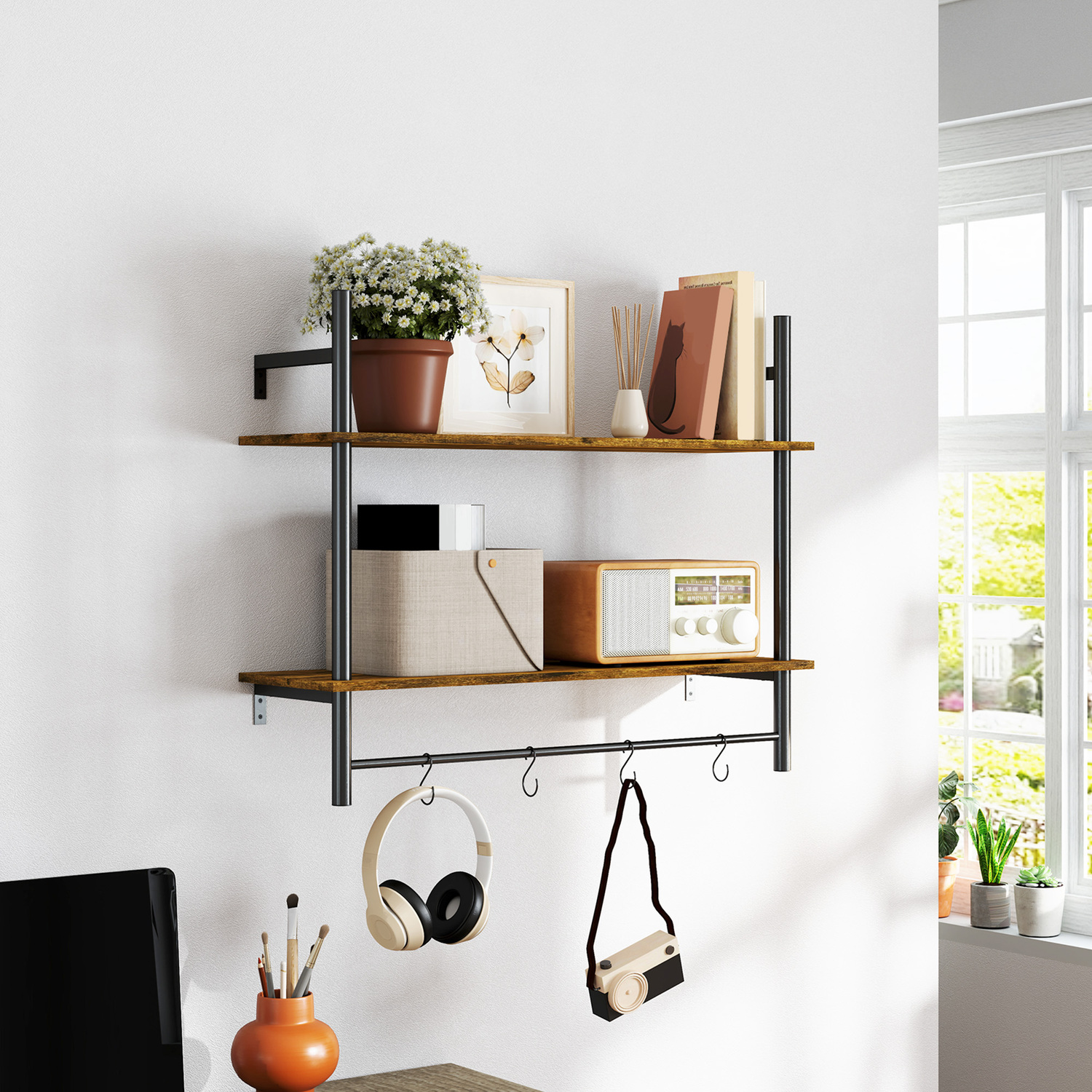 HOMCOM Rustic Wall Shelving Unit with 4 Hooks for Entryway
