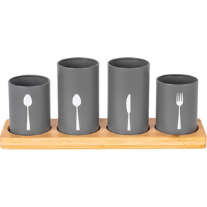 Kitchen Cutlery Holder Pots with Bamboo Tray 4 Piece
