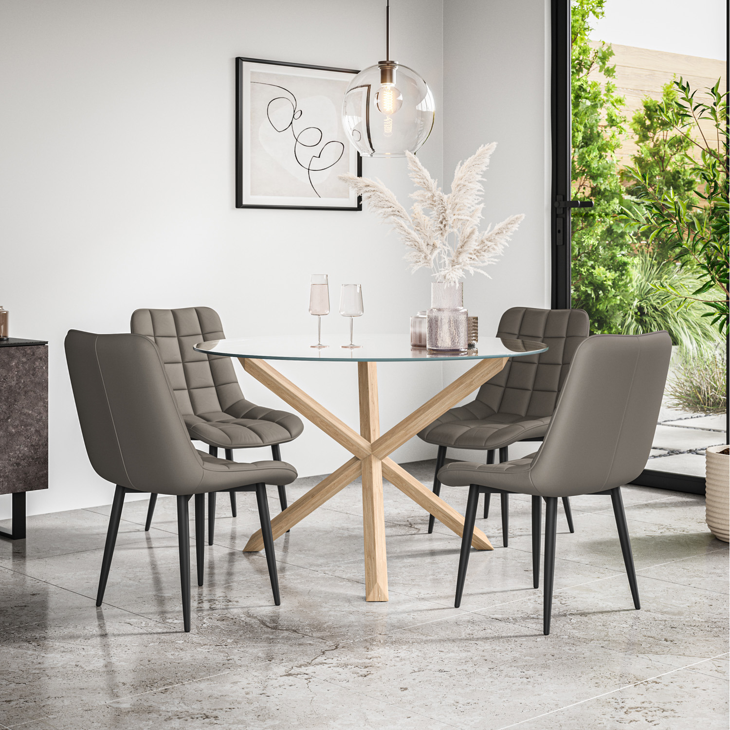Malvern Round Glass Dining Table Set w Oak Legs w 4-6 Nova Faux Leather ...