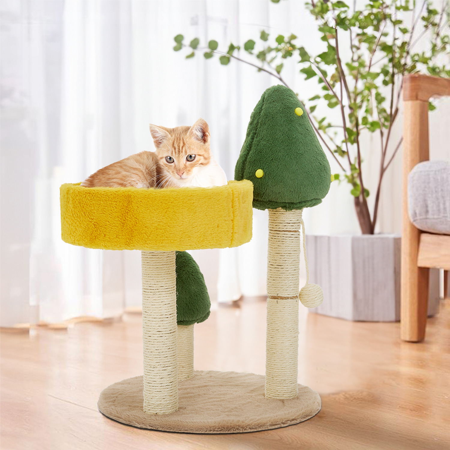 Livingandhome Birch Tree-Inspired Cat Tree With Scratching Posts - Yellow
