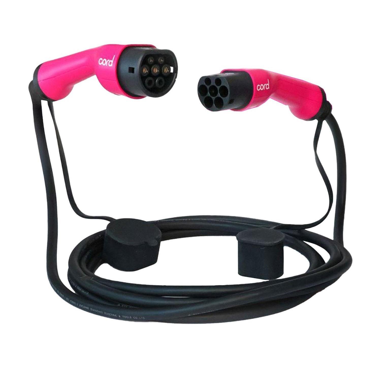 Cord EV Charging Cable Type 2 to Type 2 Three Phase Cable 230v 22kw 10m Pink - Black