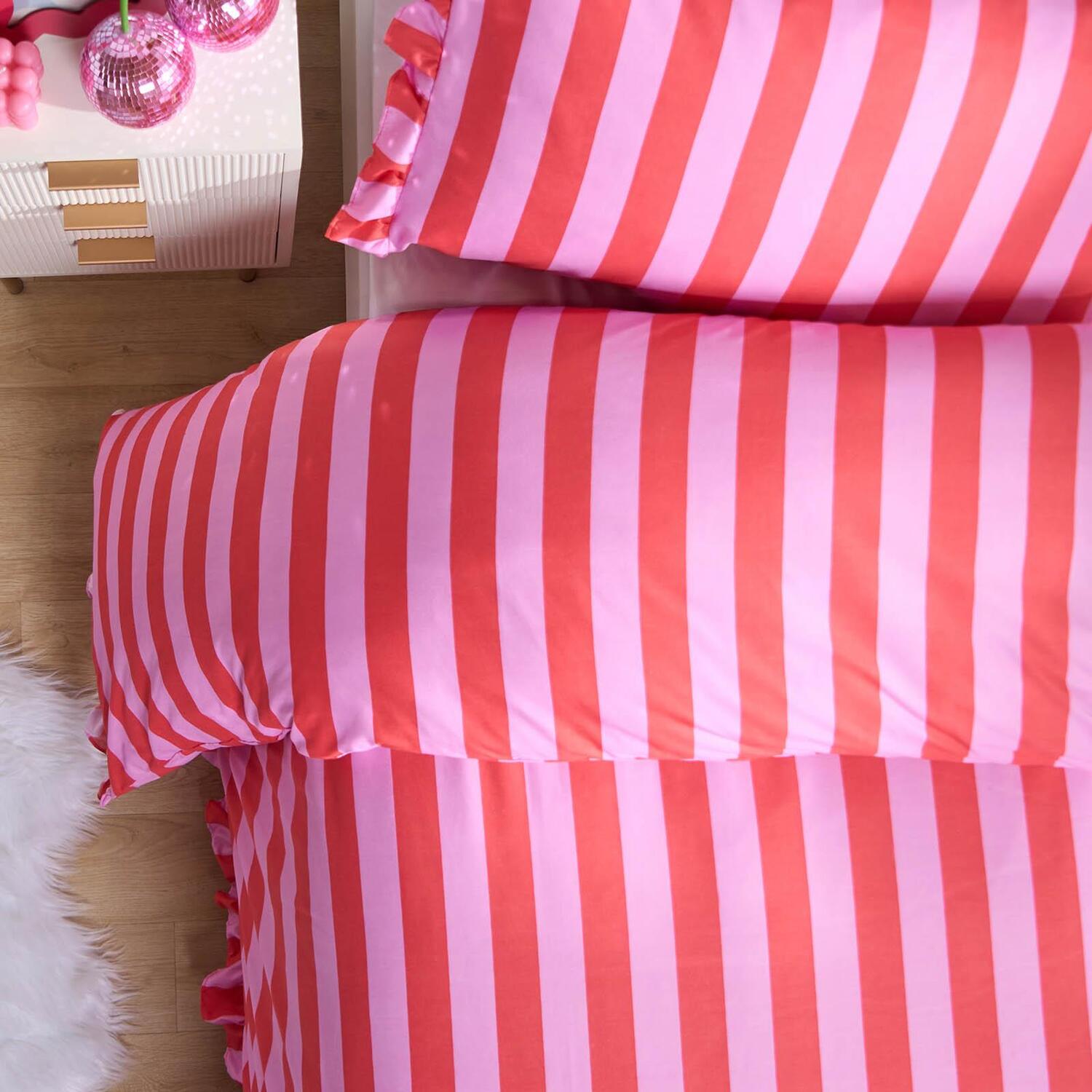 Stripe Frill Duvet Cover Set - Blush Pink Double