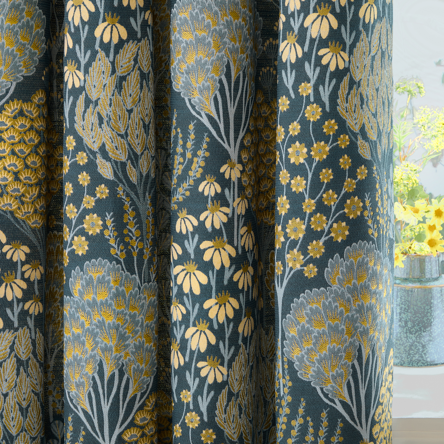 Ophelia Floral Room Darkening Eyelet Curtain Pair - Blue/Saffron / 229cm
