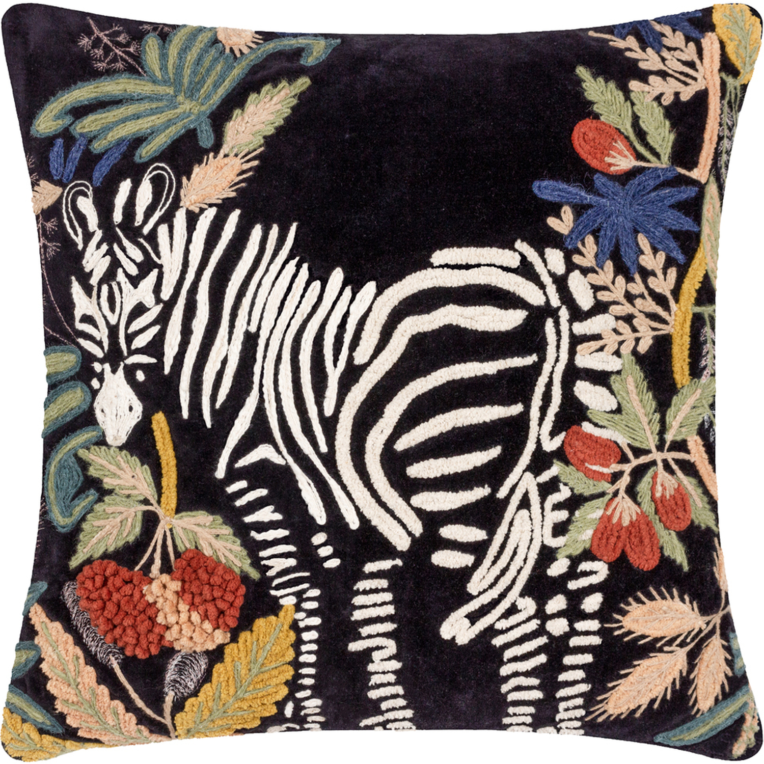 Exotic Zebra Velvet Embroidered Cushion - Midnight / Feather