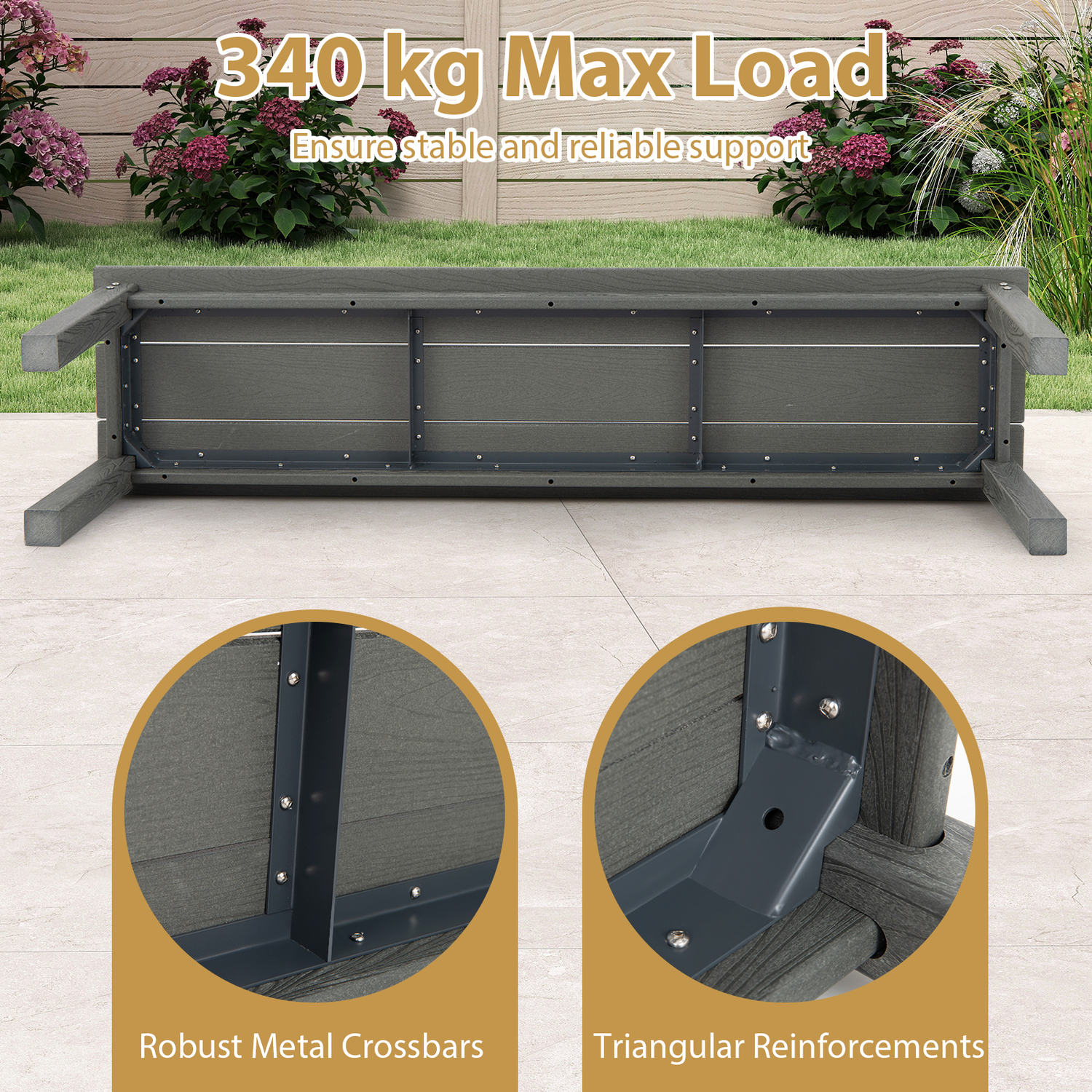 Backless Patio Garden Bench - Grey