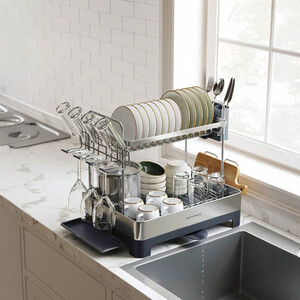 SONGMICS 2-Tier Dish Drying Rack with Drain Spout