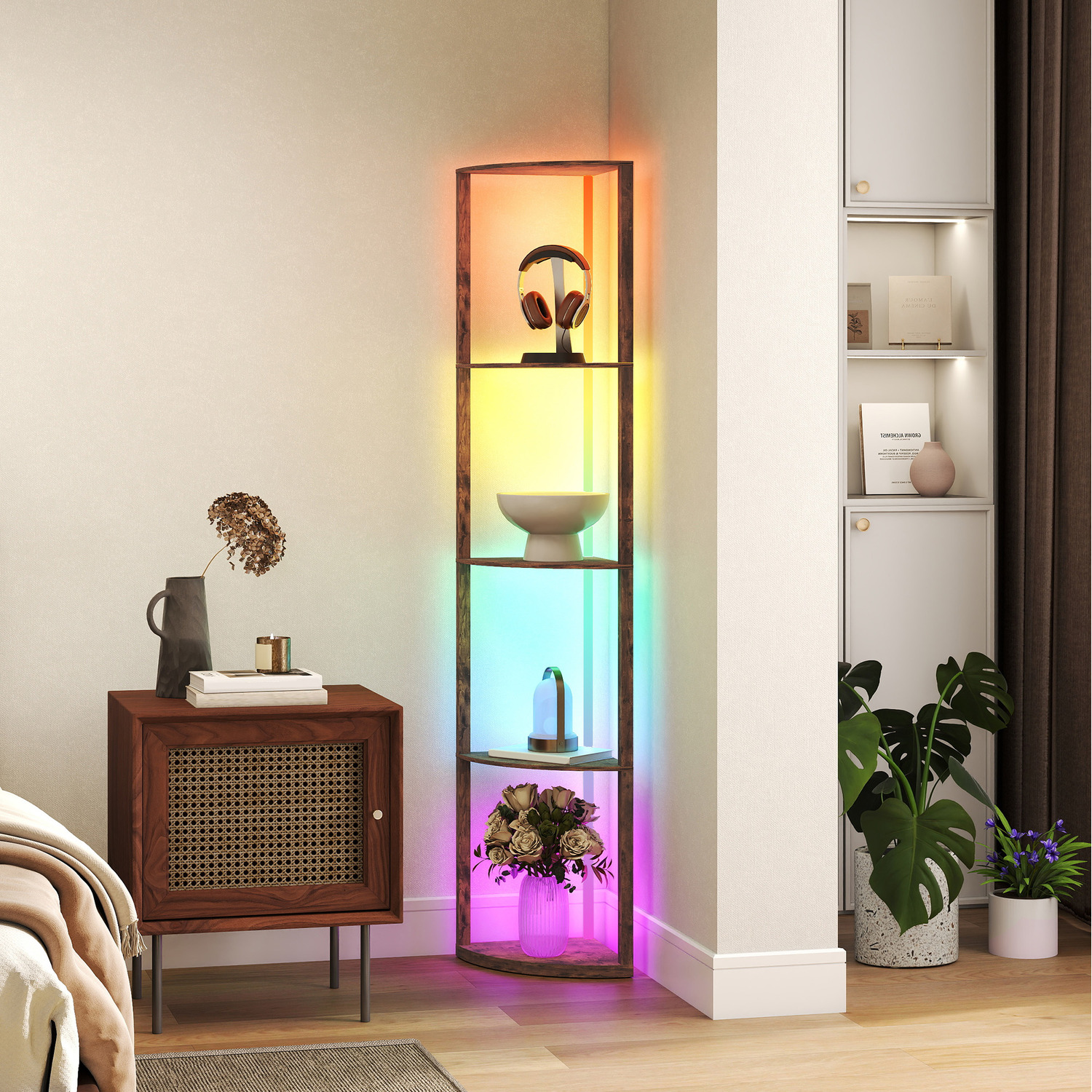 HOMCOM RGB LED Floor Lamp with Shelves and Remote Control for Living Room - Rustic Brown
