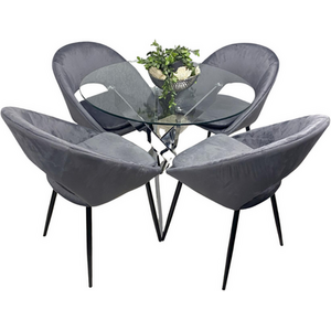 Round Glass Dining Table with 4 Velvet Chairs