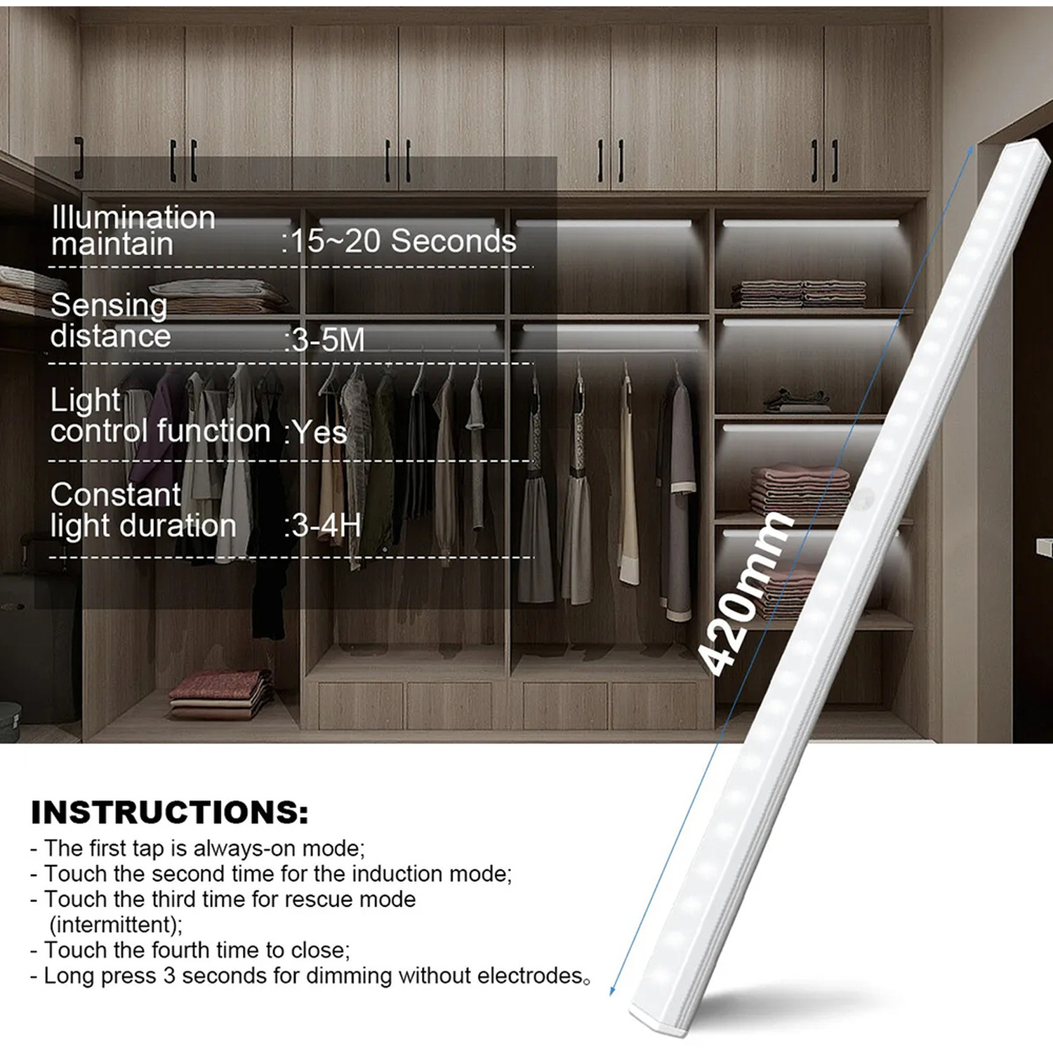 Usb Rechargable Smart Sensor Wardrobe Light - White 42cm